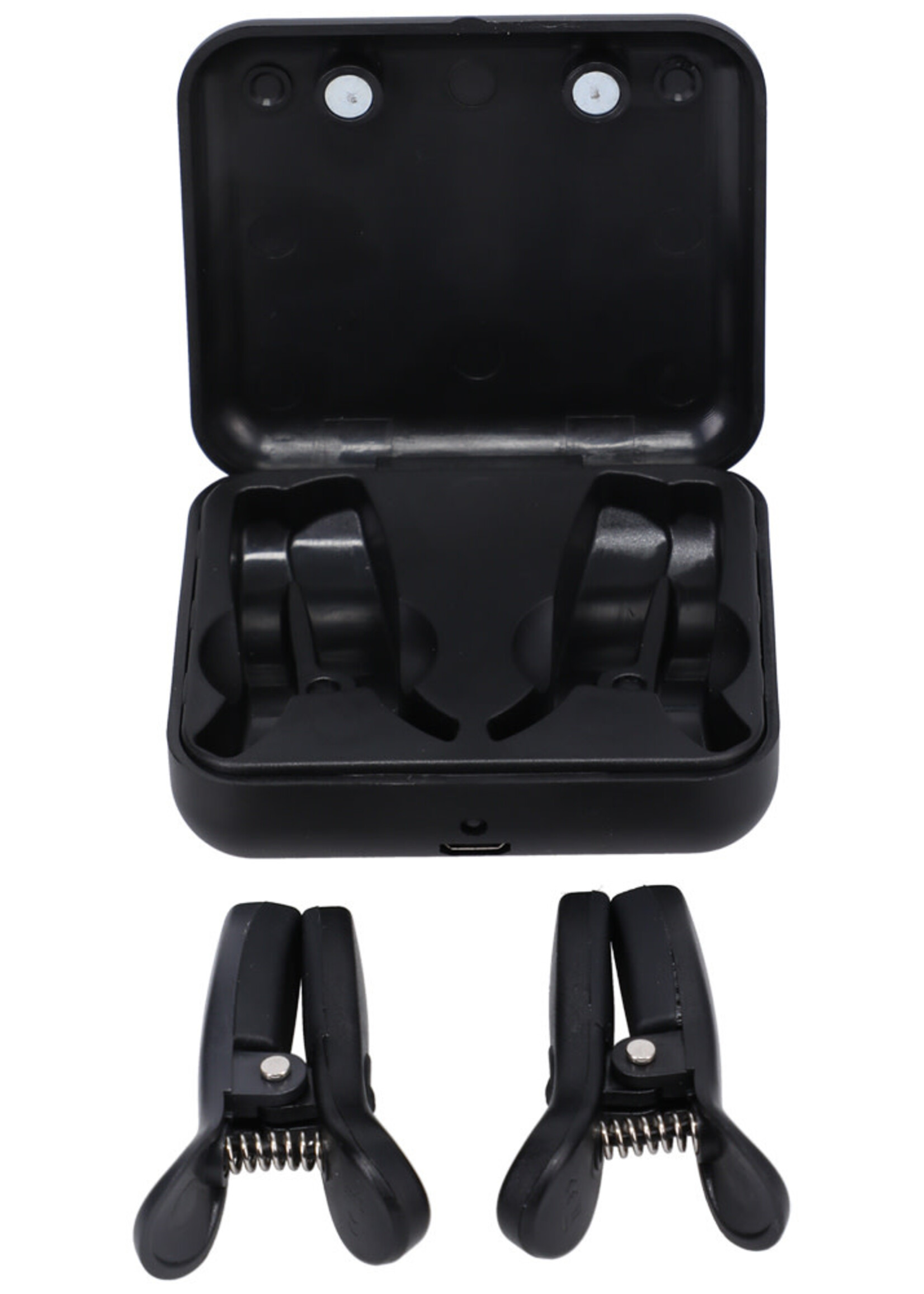 Doc Johnson Merci - Vibro Grippers - Wireless Vibrating Nipple Clamps With Rechargeable Case - Black