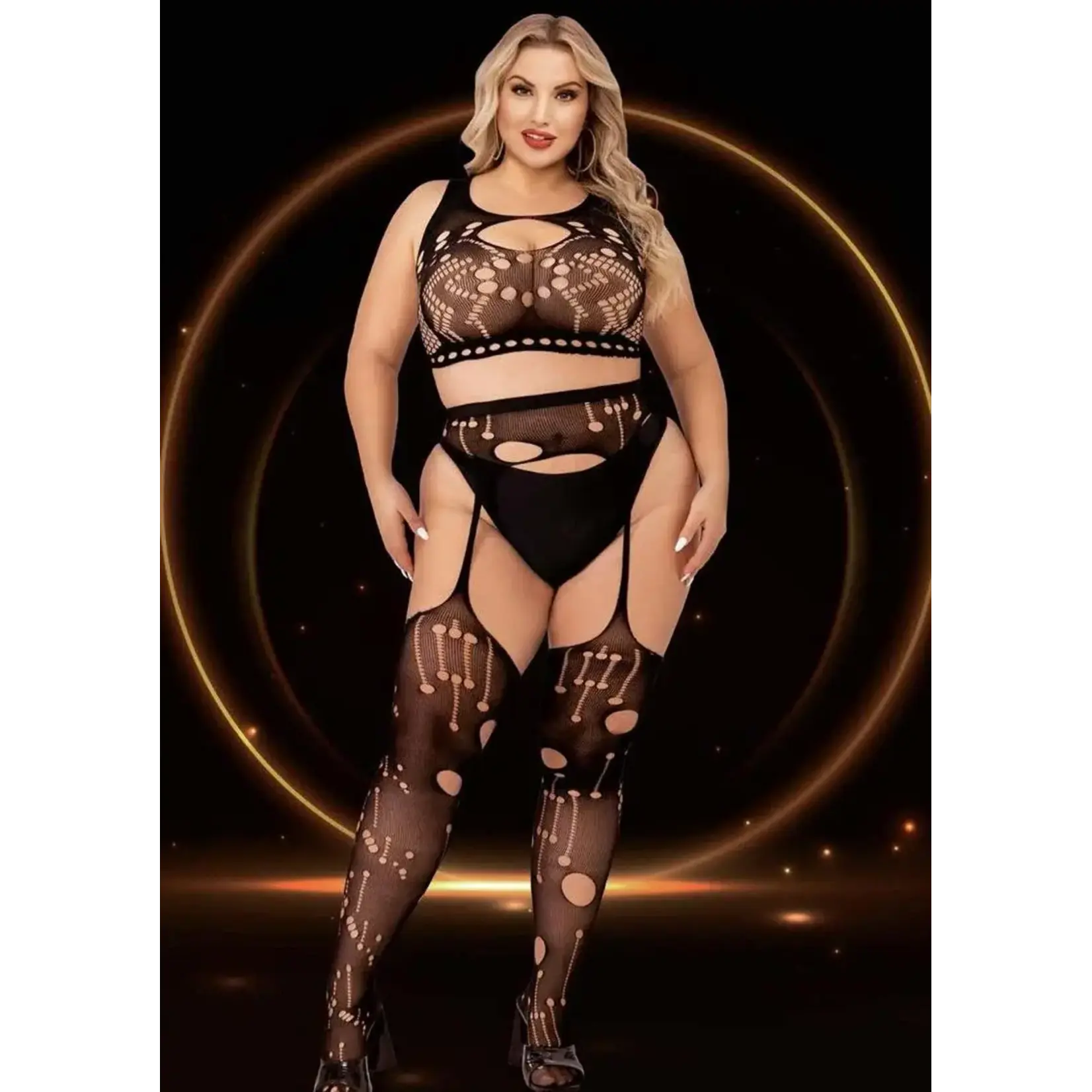 LapDance 2pc Crop Top & Garter Hose Set - Curvy Queen Size