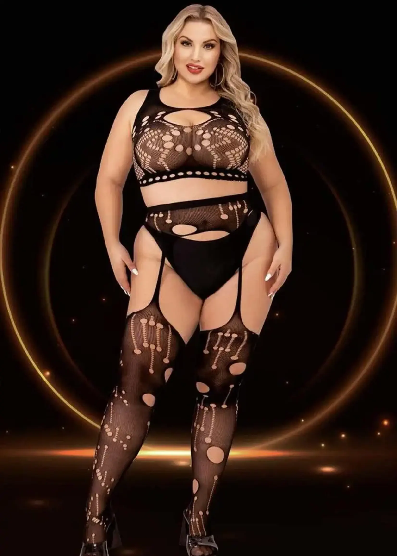 LapDance 2pc Crop Top & Garter Hose Set - Curvy Queen Size