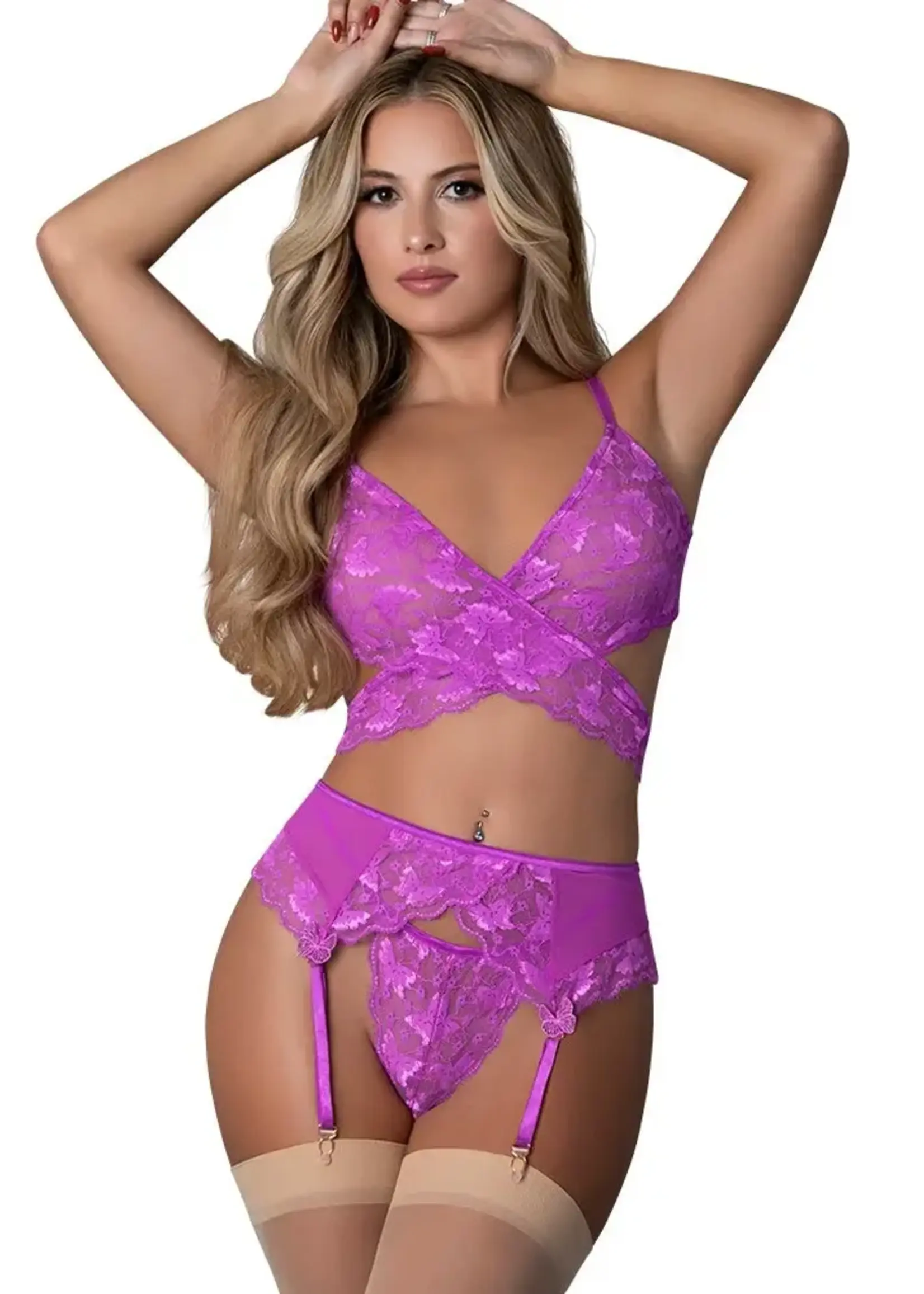 Magic Silk Butterfly Fantasies Cross Over Bralette w/Thong and Garter 3 pc Set - Neon Purple S/M