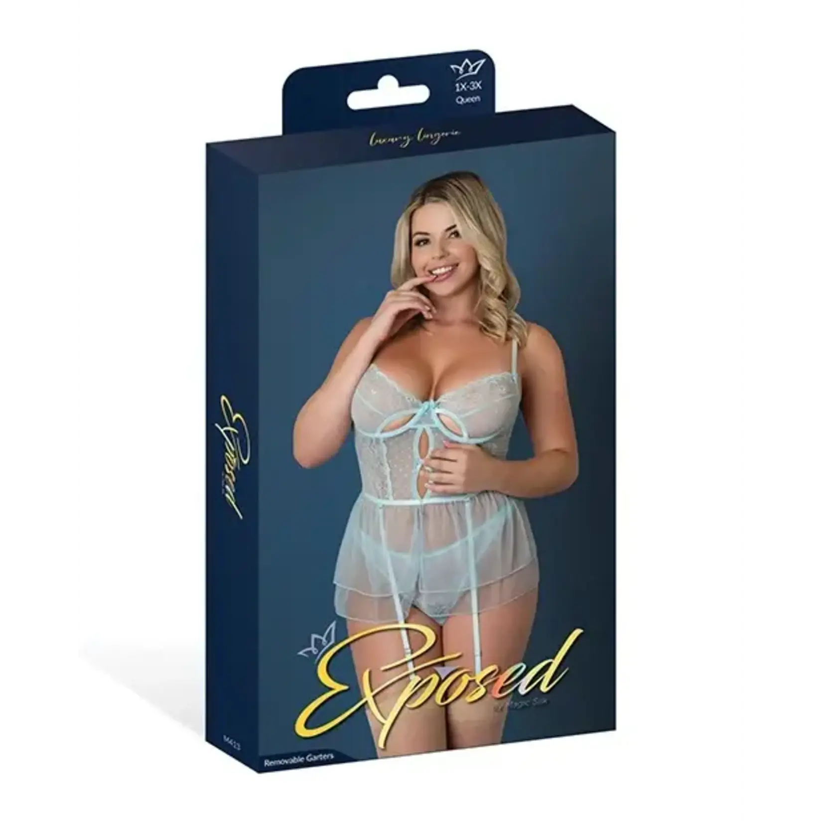 Magic Silk Blue Sky Flirty Slip Baby Doll w/Removable Garters & Thong - Light Blue - Curvy Queen Size