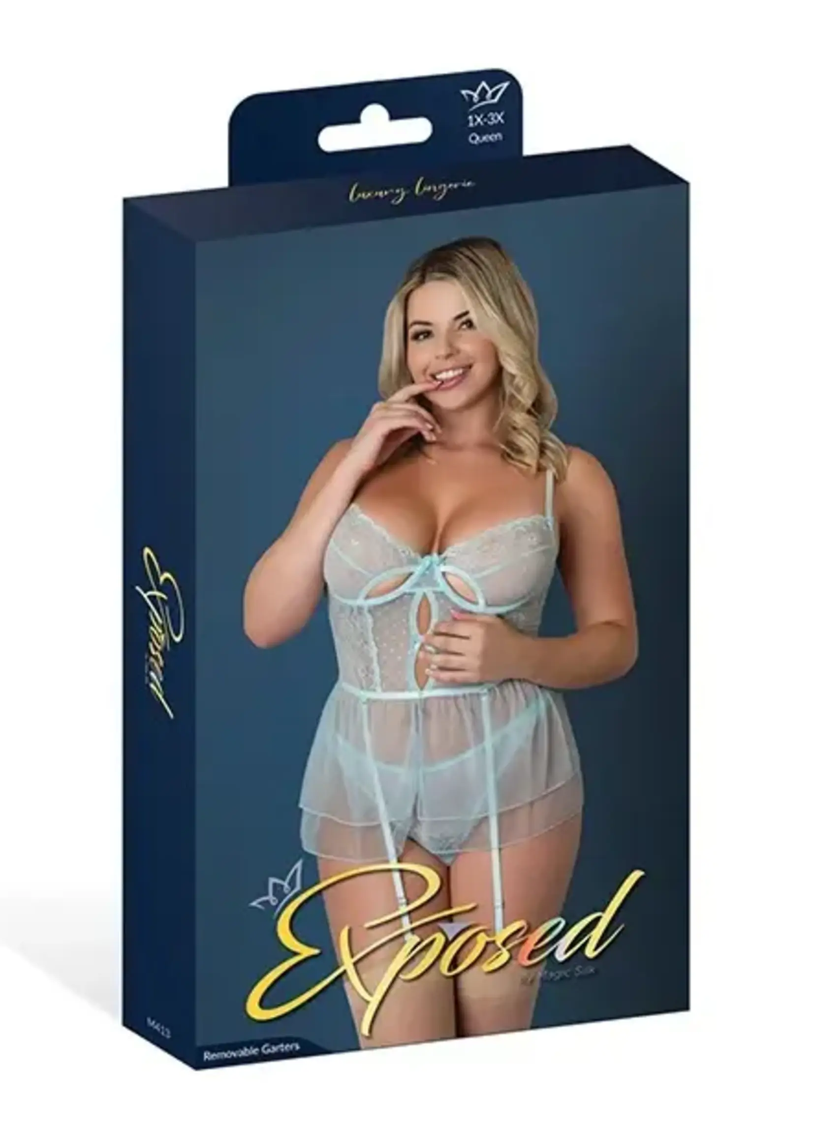 Magic Silk Blue Sky Flirty Slip Baby Doll w/Removable Garters & Thong - Light Blue - Curvy Queen Size