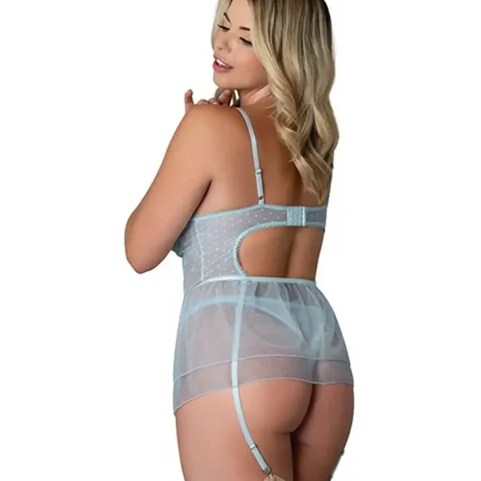 Magic Silk Blue Sky Flirty Slip Baby Doll w/Removable Garters & Thong - Light Blue - Curvy Queen Size