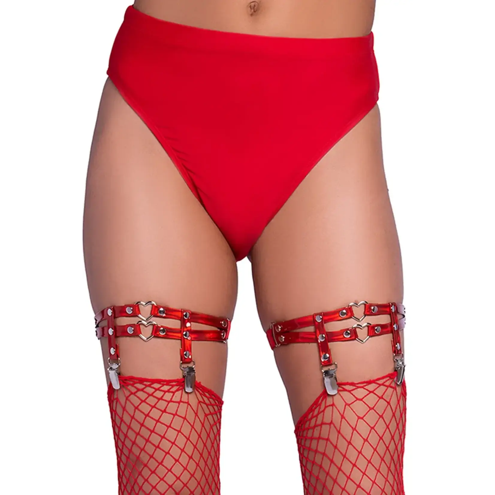 Leg Avenue Leg Avenue Dual Strap Iridescent Studded Thigh High Garter Suspender with Mini Hearts - O/S - Red