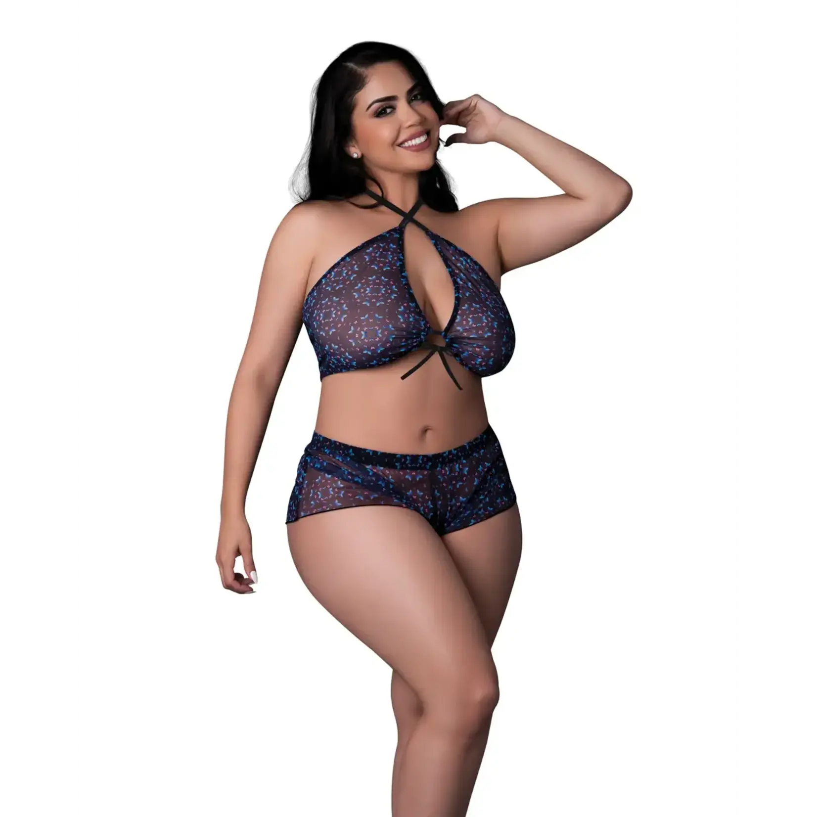 Magic Silk Hazy Dayz Butterfly Blacklight Reflective Halter Top & Short 2 pc Set - Curvy Queen Size