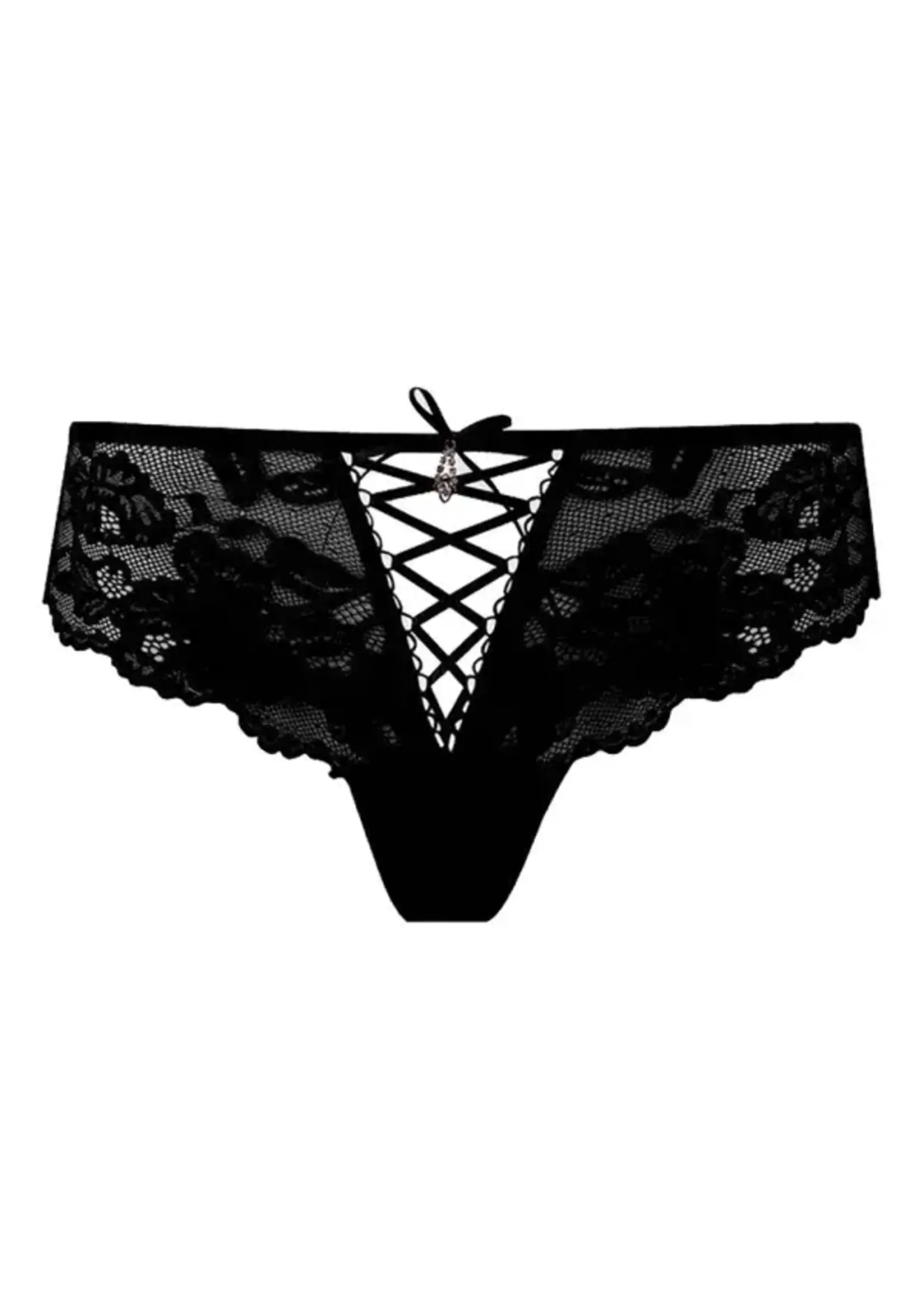House of Desire Bella Lace Up Tanga Panty w/Jewel Detail - Black SM