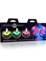 XR Brands Master Series Burning Heart Blacklight Reactive Heart Drip Candle Set of 3