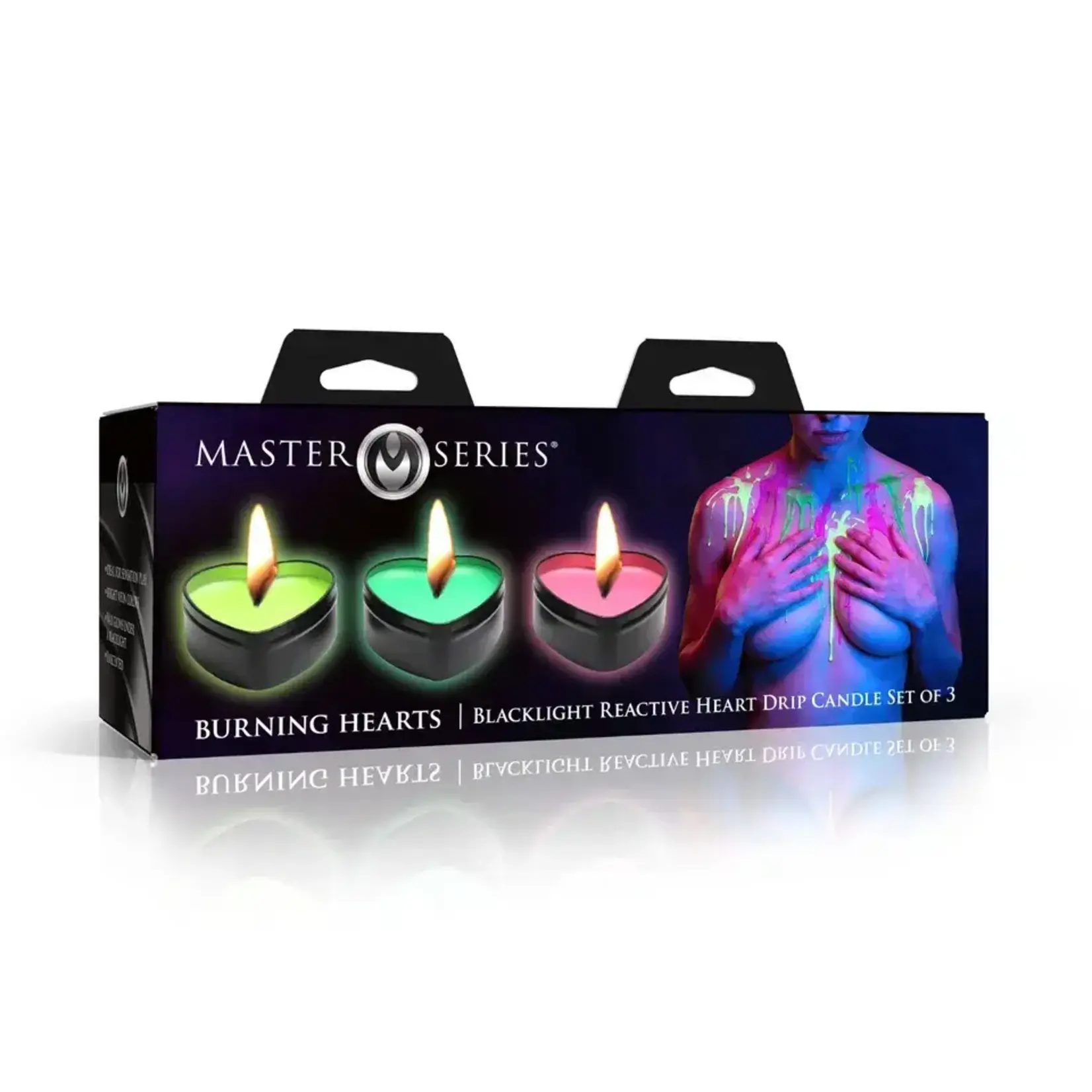 XR Brands Master Series Burning Heart Blacklight Reactive Heart Drip Candle Set of 3