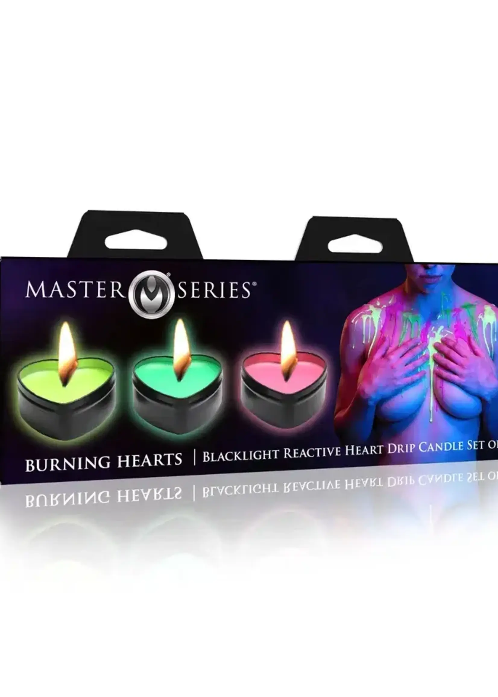 XR Brands Master Series Burning Heart Blacklight Reactive Heart Drip Candle Set of 3