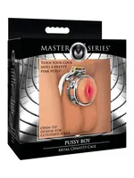 XR Brands Master Series Master Series Pussy Boy Metal Chastity Cage Stainless Steel - Silver/Vanilla