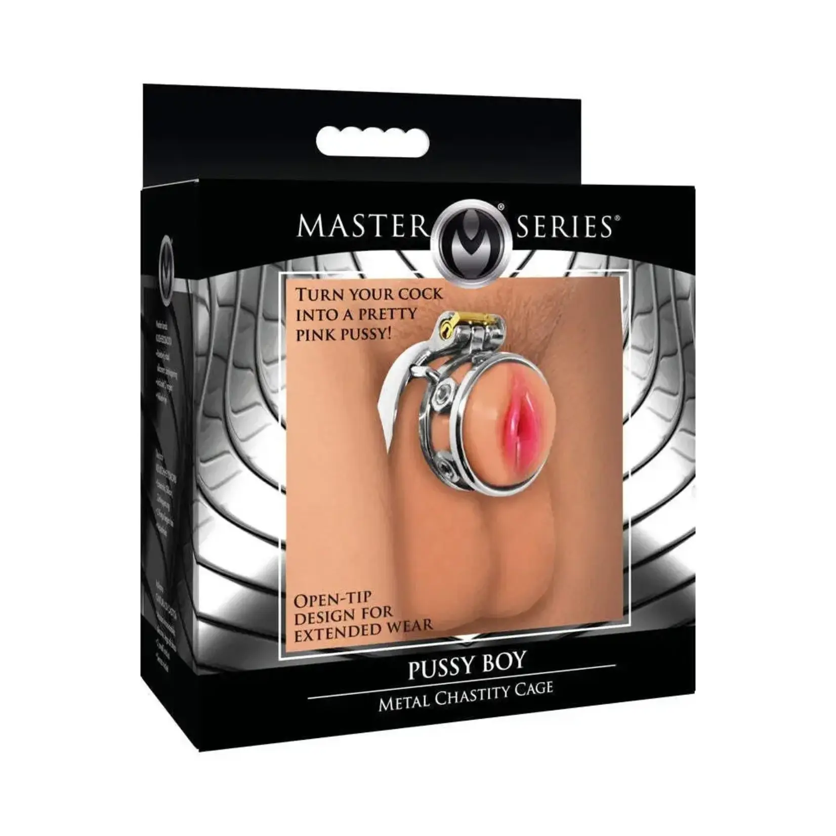 XR Brands Master Series Master Series Pussy Boy Metal Chastity Cage Stainless Steel - Silver/Vanilla