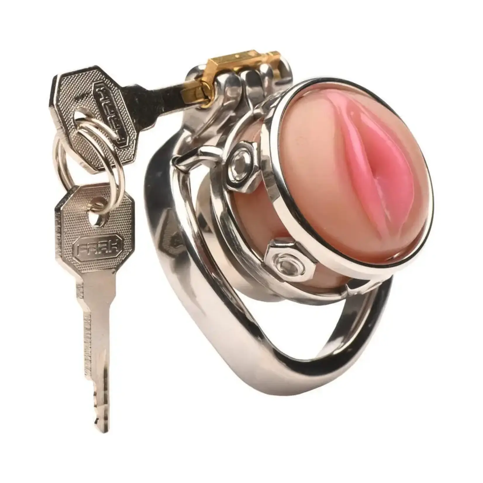 XR Brands Master Series Master Series Pussy Boy Metal Chastity Cage Stainless Steel - Silver/Vanilla
