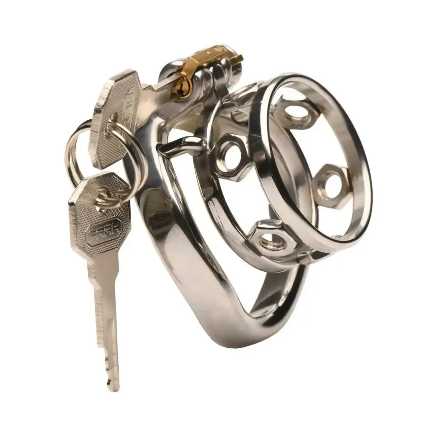 XR Brands Master Series Master Series Pussy Boy Metal Chastity Cage Stainless Steel - Silver/Vanilla