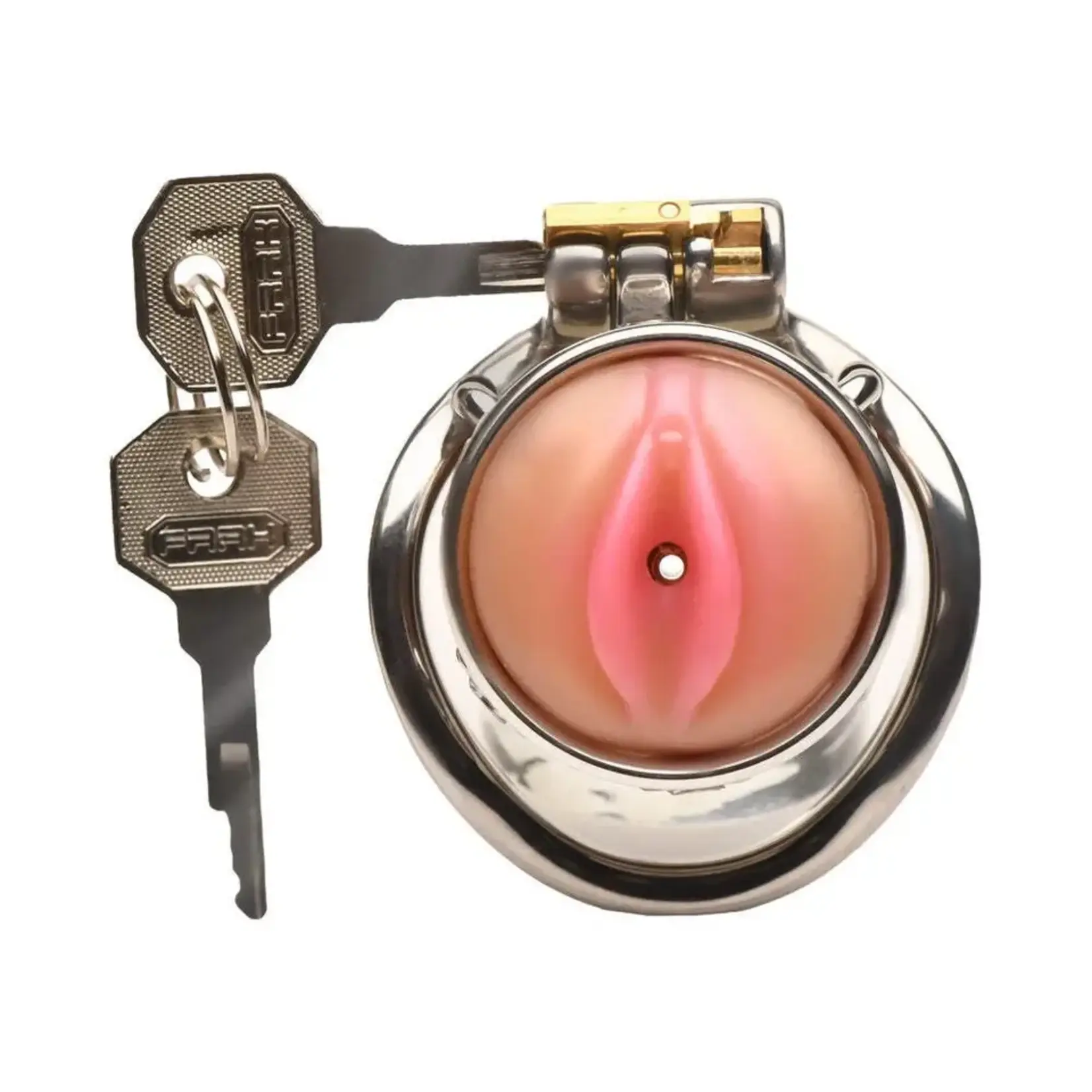XR Brands Master Series Master Series Pussy Boy Metal Chastity Cage Stainless Steel - Silver/Vanilla
