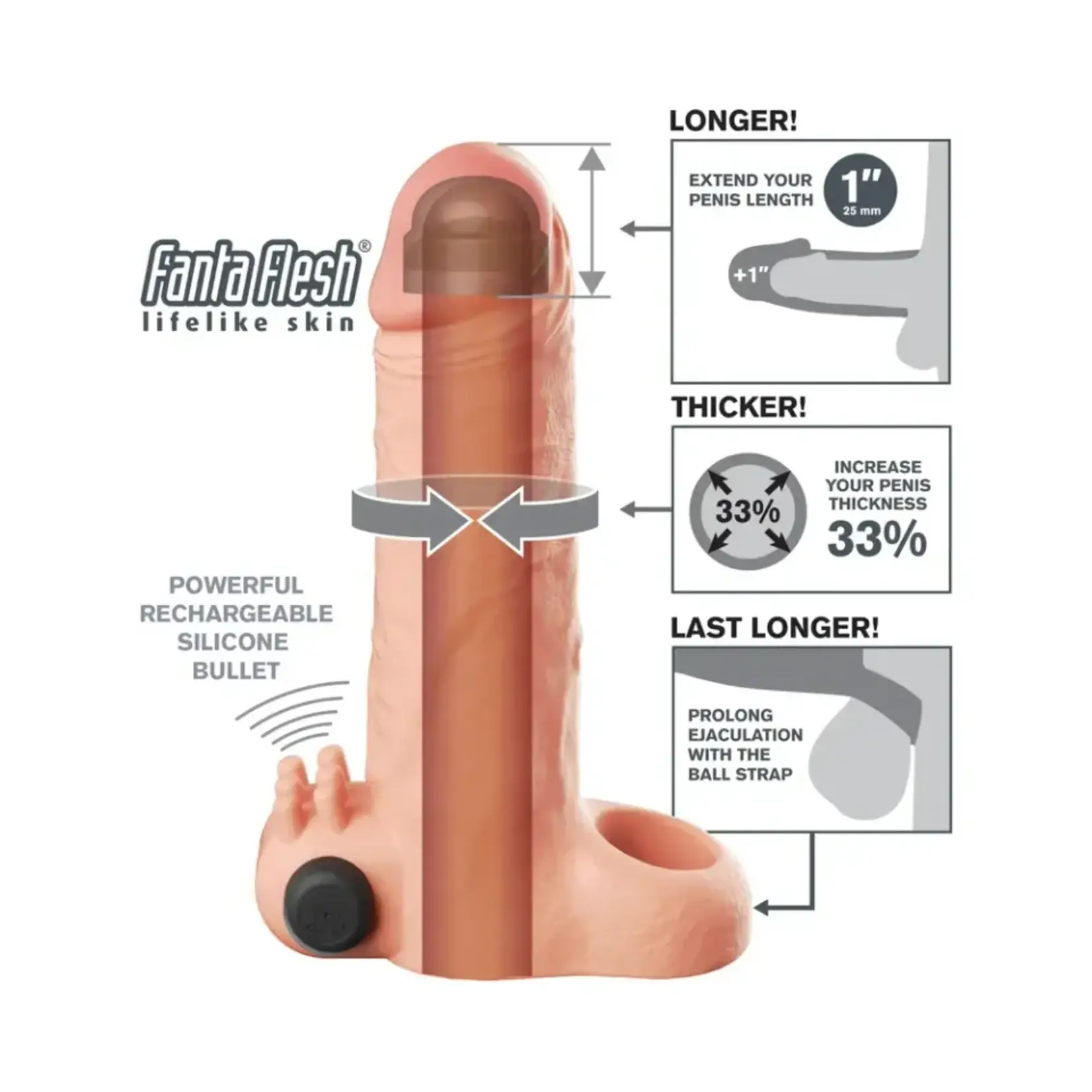 Pipedream Fantasy X-Tensions Vibrating Real Feel Extension with Rechargeable Bullet 1in - Vanilla