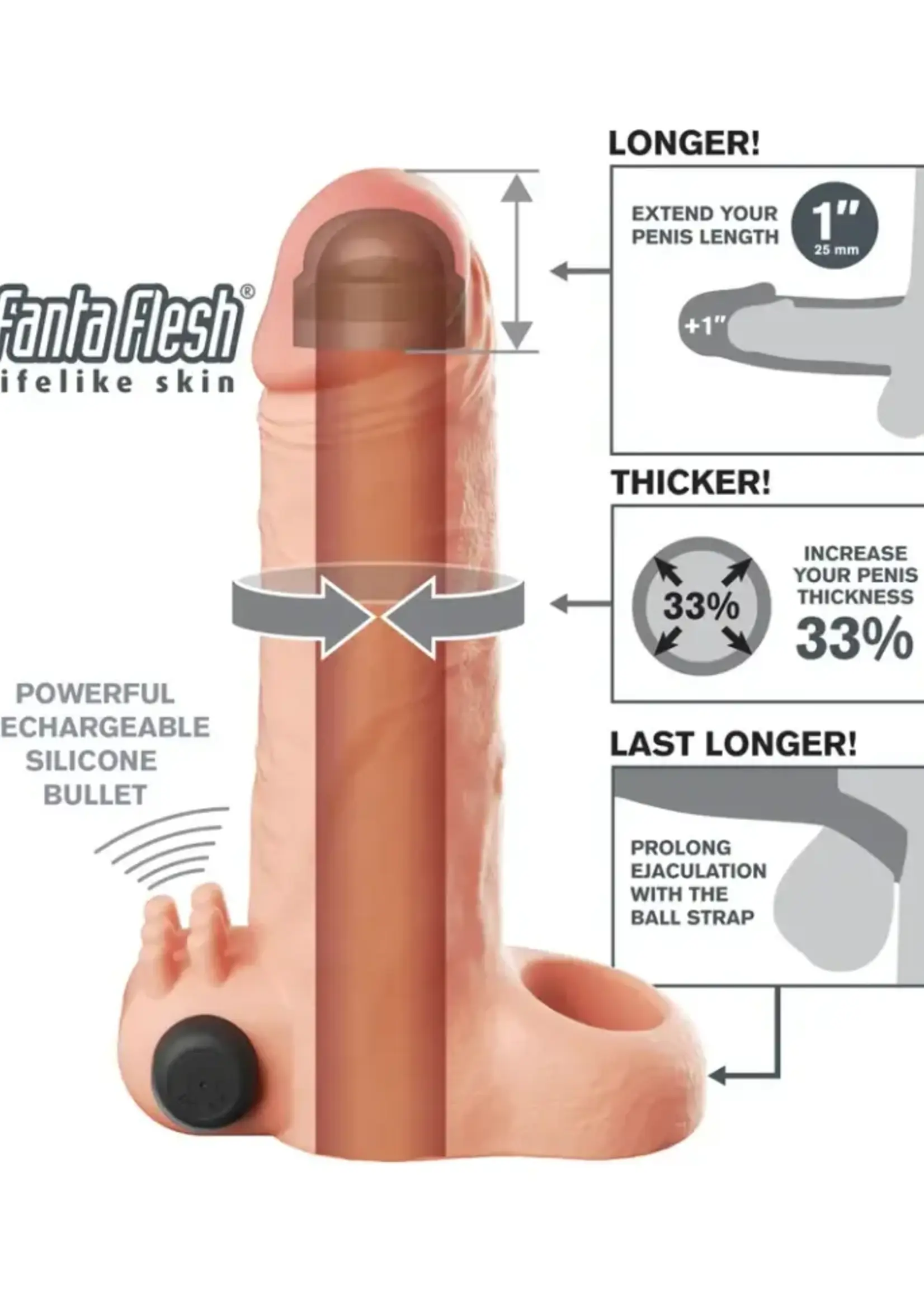 Pipedream Fantasy X-Tensions Vibrating Real Feel Extension with Rechargeable Bullet 1in - Vanilla