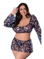 Fantasy Lingerie Hazy Dayz Shrooms Crop Top w/Skirt & Thong - Black QN