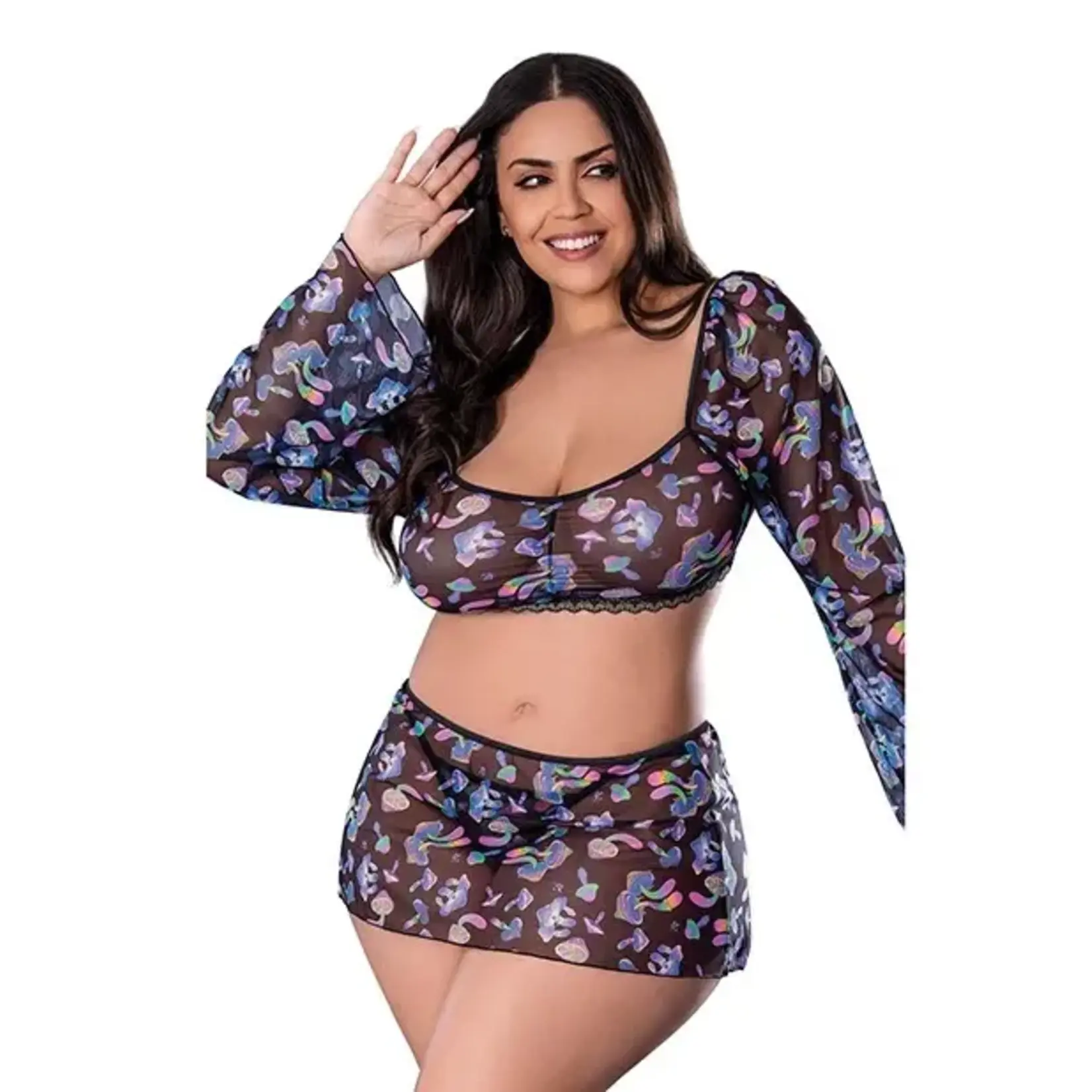 Fantasy Lingerie Hazy Dayz Shrooms Crop Top w/Skirt & Thong - Black QN