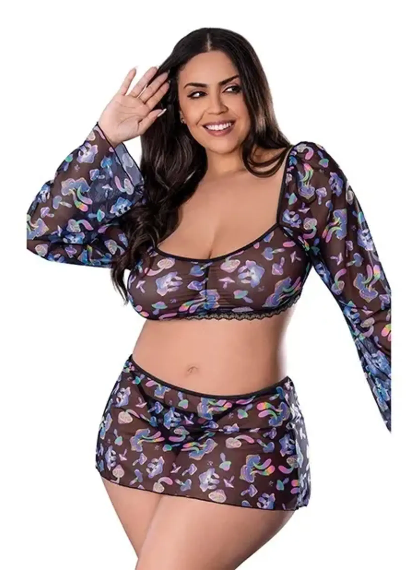 Fantasy Lingerie Hazy Dayz Shrooms Crop Top w/Skirt & Thong - Black QN