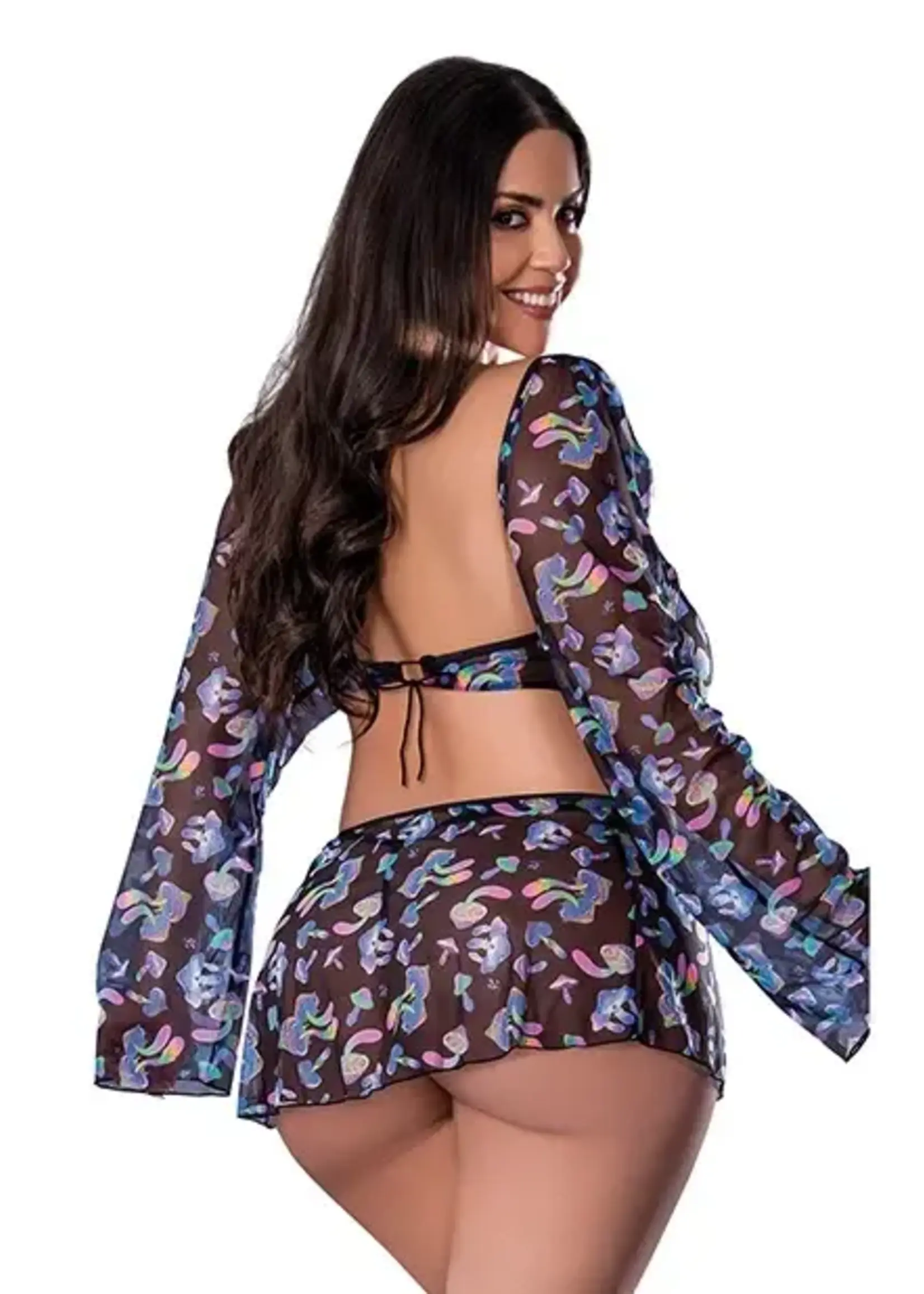 Fantasy Lingerie Hazy Dayz Shrooms Crop Top w/Skirt & Thong - Black QN
