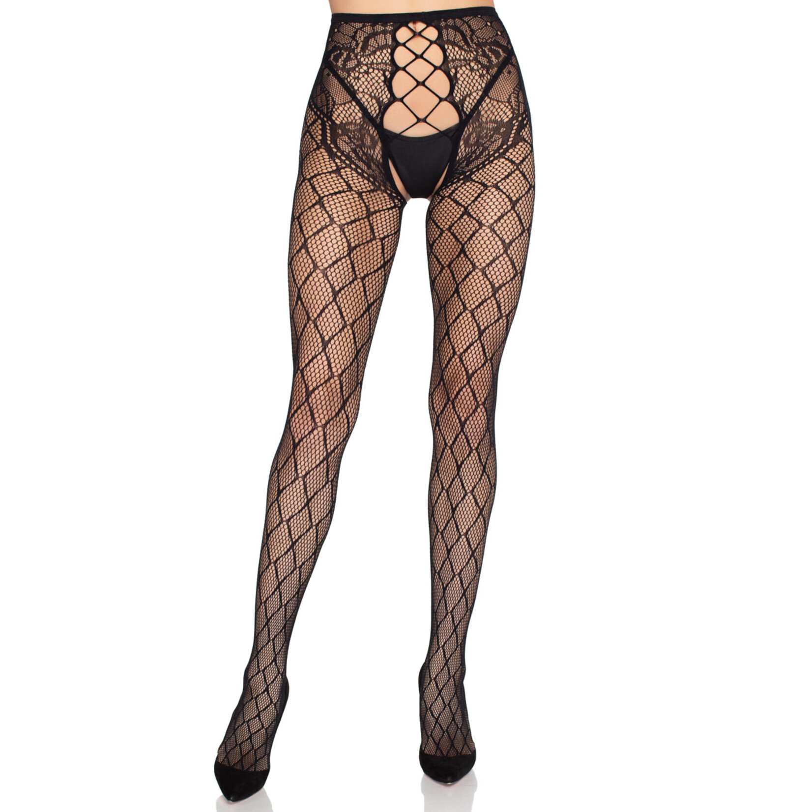 Leg Avenue Faux Layer Net Crotchless Tights - Blk - O/S