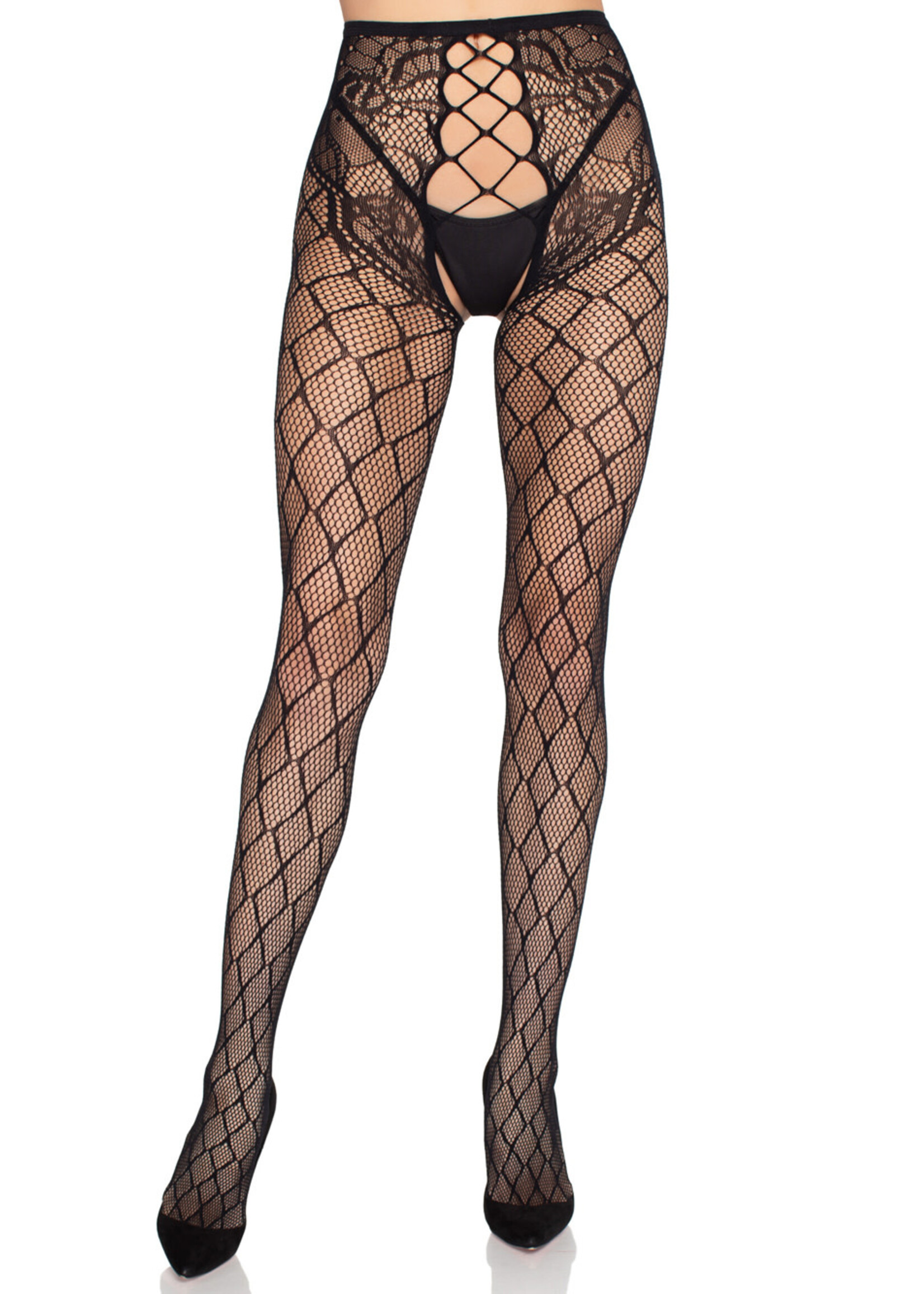 Leg Avenue Faux Layer Net Crotchless Tights - Blk - O/S