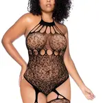 Mapale Leopard Halter Fishnet Bodysuit - Curve Os - Black