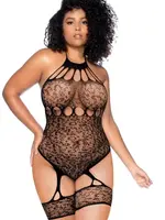 Mapale Leopard Halter Fishnet Bodysuit - Curve Os - Black