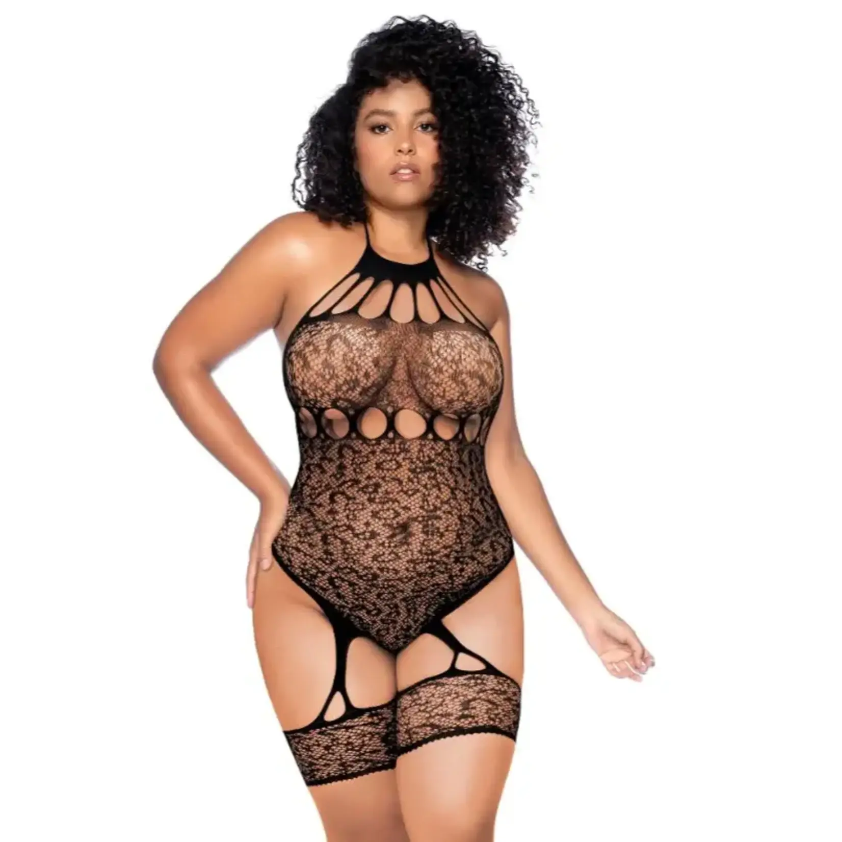 Mapale Leopard Halter Fishnet Bodysuit - Curve Os - Black