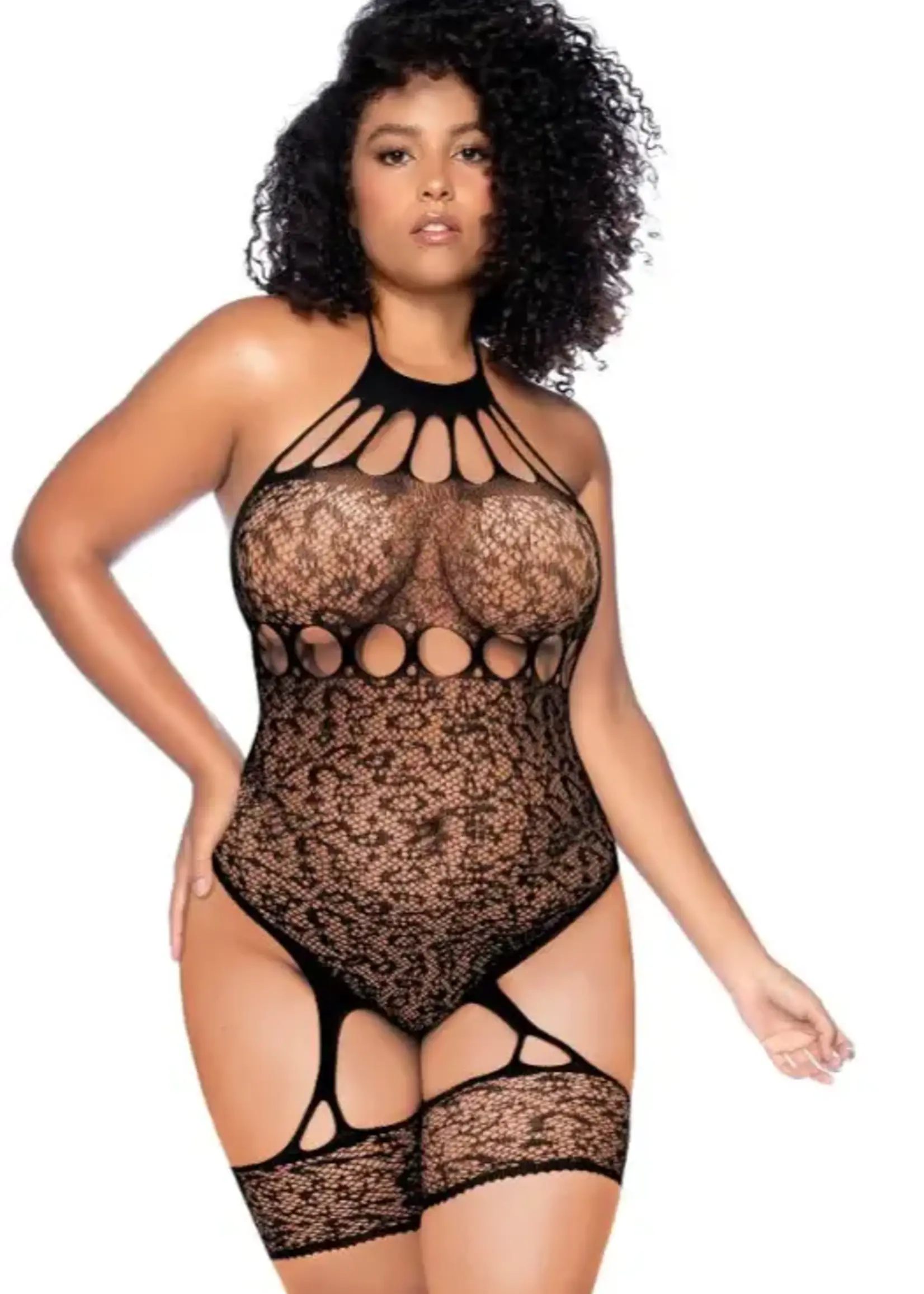 Mapale Leopard Halter Fishnet Bodysuit - Curve Os - Black