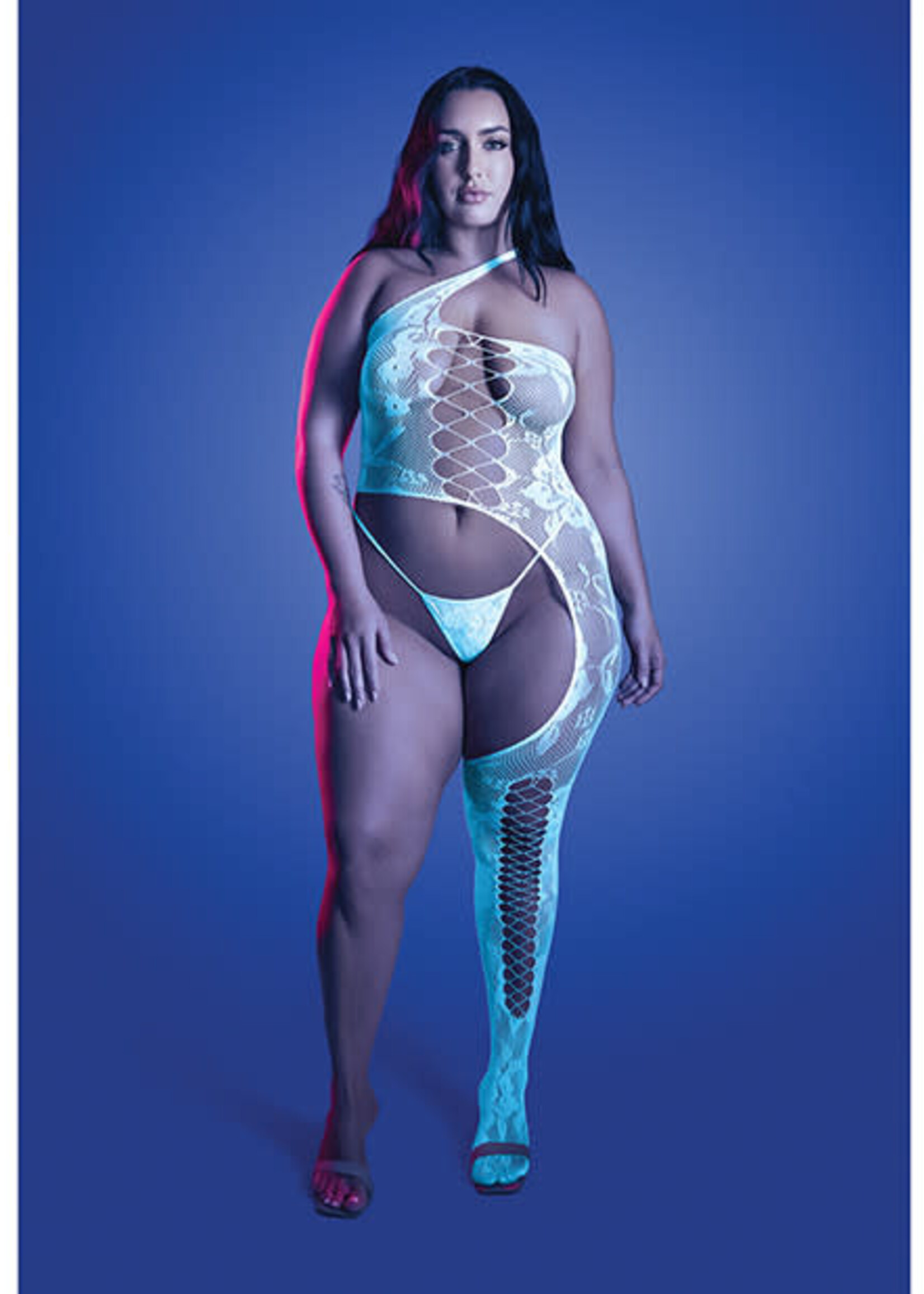 Fantasy Lingerie Lights Get Low Floral Knit Bodystocking & Panty - White QN