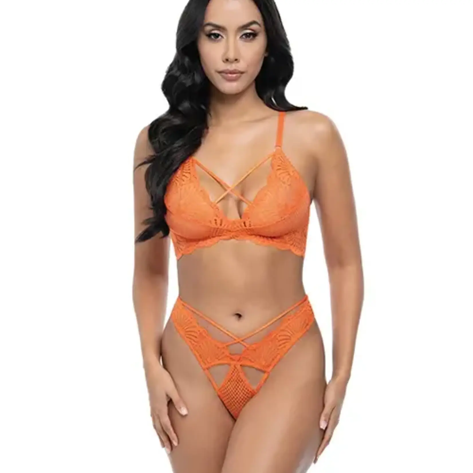 Oh La La Cheri Amina Scallop Lace & Mesh Bralette w/Panty 2 pc Set - Dragon Fire Orange S/M