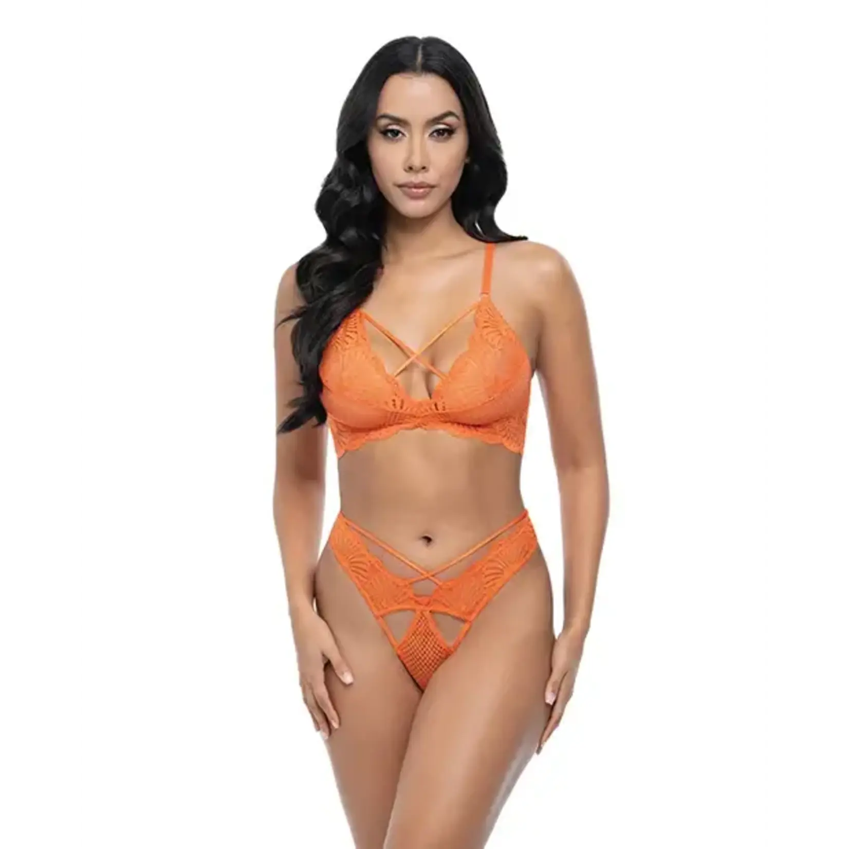 Oh La La Cheri Amina Scallop Lace & Mesh Bralette w/Panty 2 pc Set - Dragon Fire Orange S/M