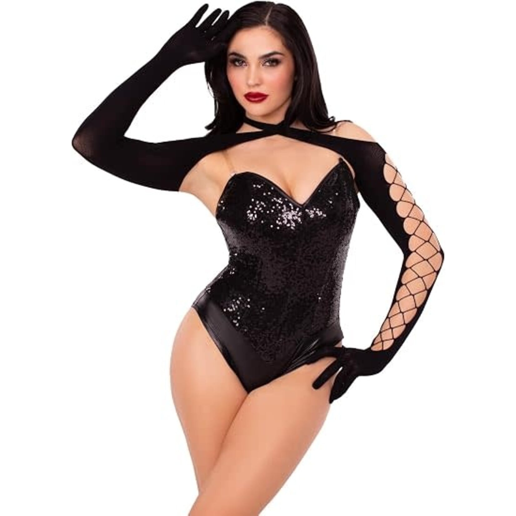Leg Avenue Leg Avenue Net and Opaque Cross-Over Halter Gloved Shrug - Black - O/S