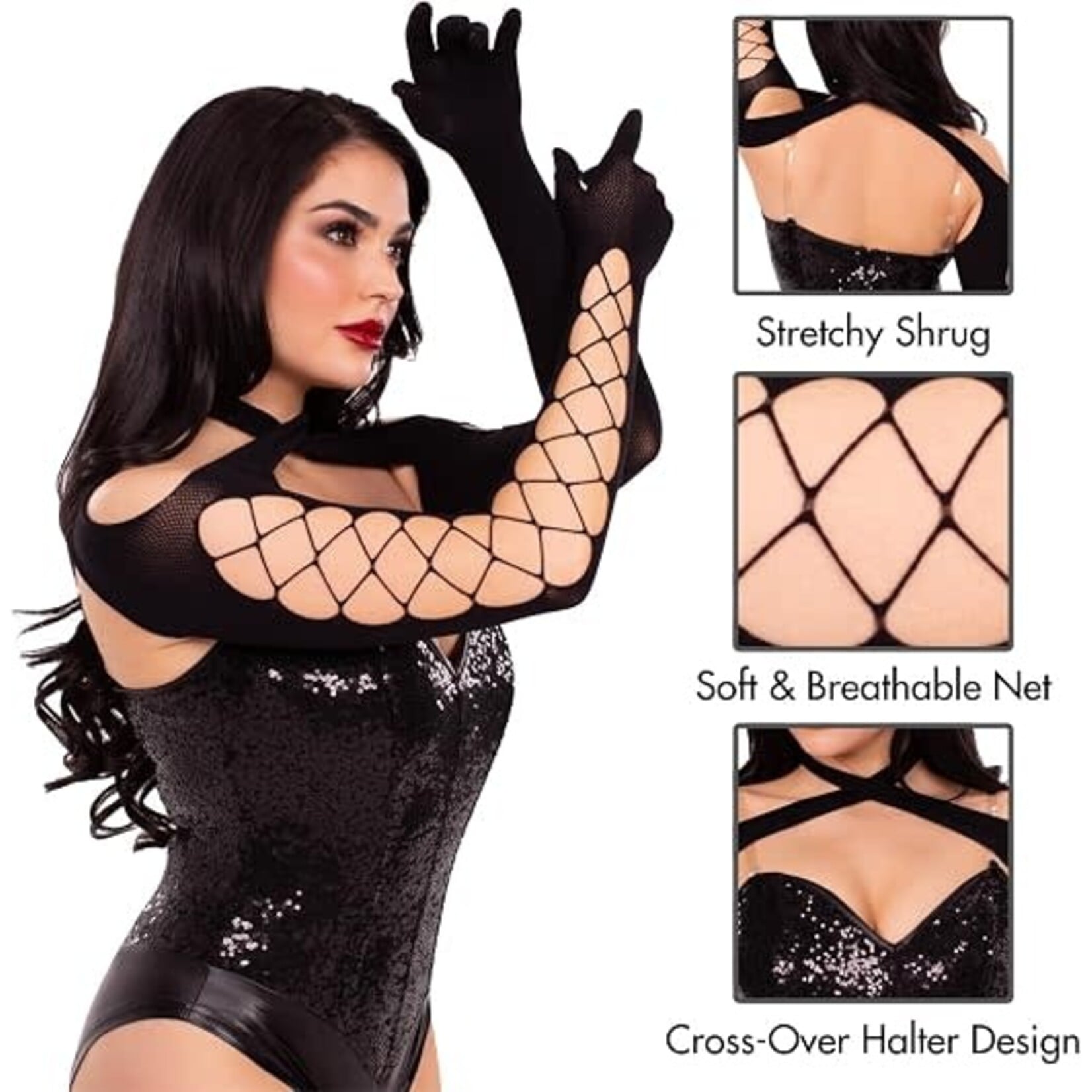 Leg Avenue Leg Avenue Net and Opaque Cross-Over Halter Gloved Shrug - Black - O/S