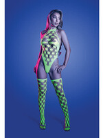 Fantasy Lingerie Adrenaline Halter Teddy & Stockings in Geometric Rhinestone Diamond Fishnet - Neon Green O/S
