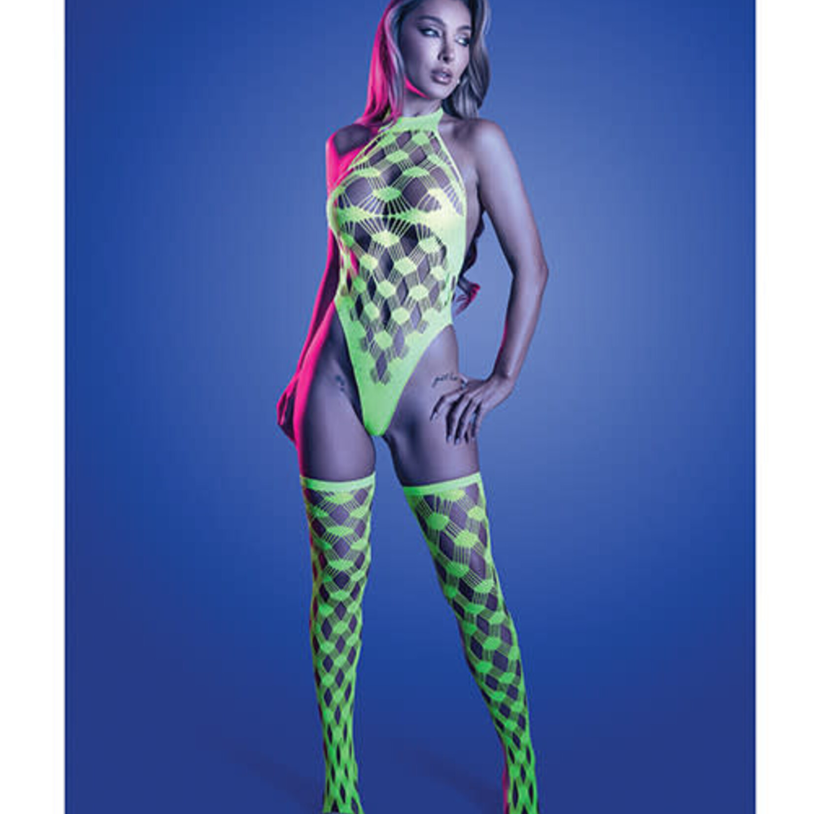 Fantasy Lingerie Adrenaline Halter Teddy & Stockings in Geometric Rhinestone Diamond Fishnet - Neon Green O/S