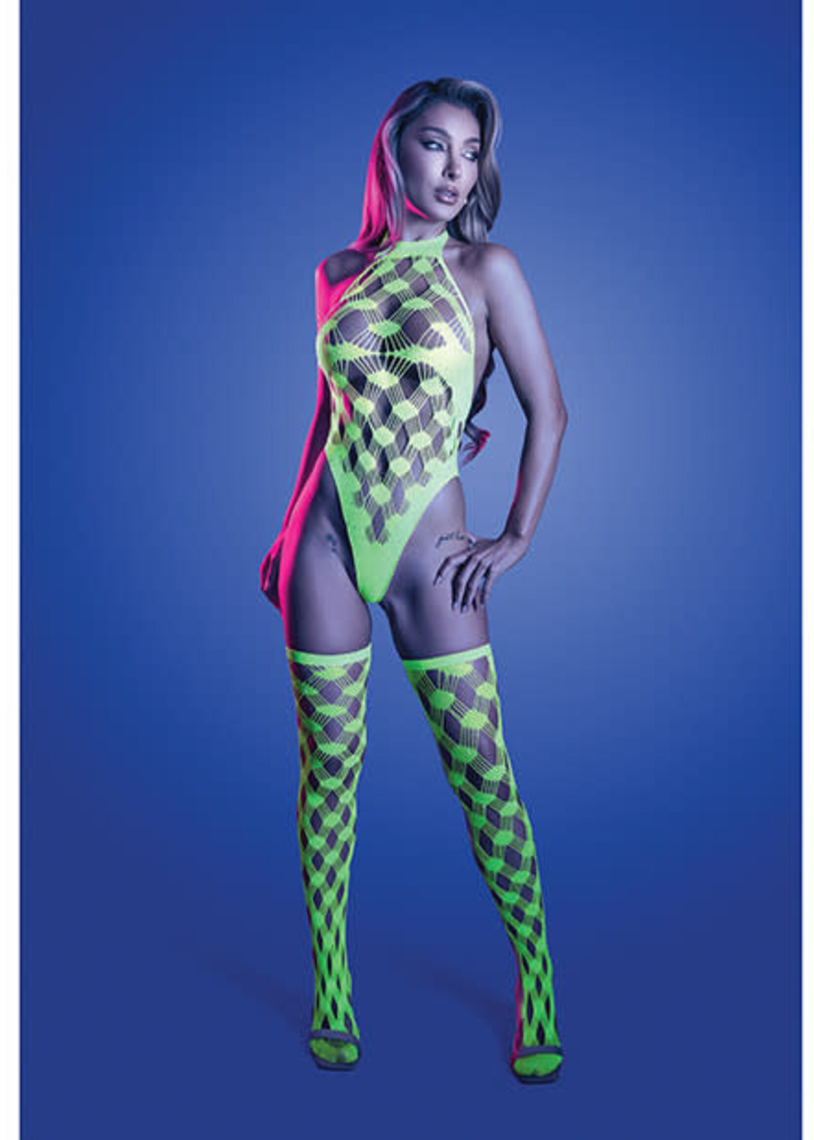 Fantasy Lingerie Adrenaline Halter Teddy & Stockings in Geometric Rhinestone Diamond Fishnet - Neon Green O/S