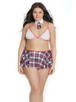 Coquette Lingerie School Girl Fishnet Bralette W/ Plaid Knit Skirt & Collar White/Red - Curvy Queen Size
