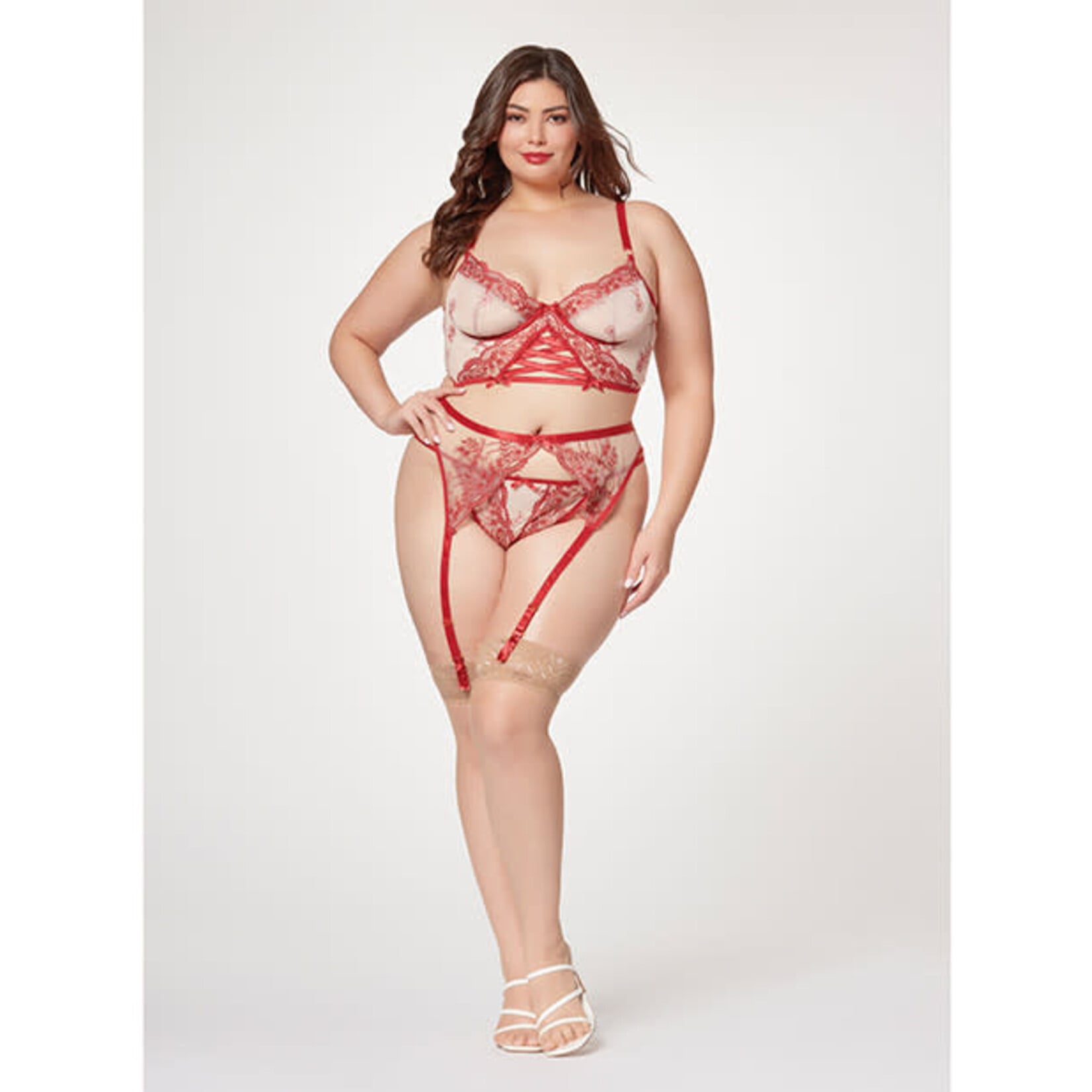 Seven 'til Midnight Sheer Stretch Mesh w/Floral Contrast Embroidery Bustier, Garter Belt & Thong Red/Nude 1X/2X
