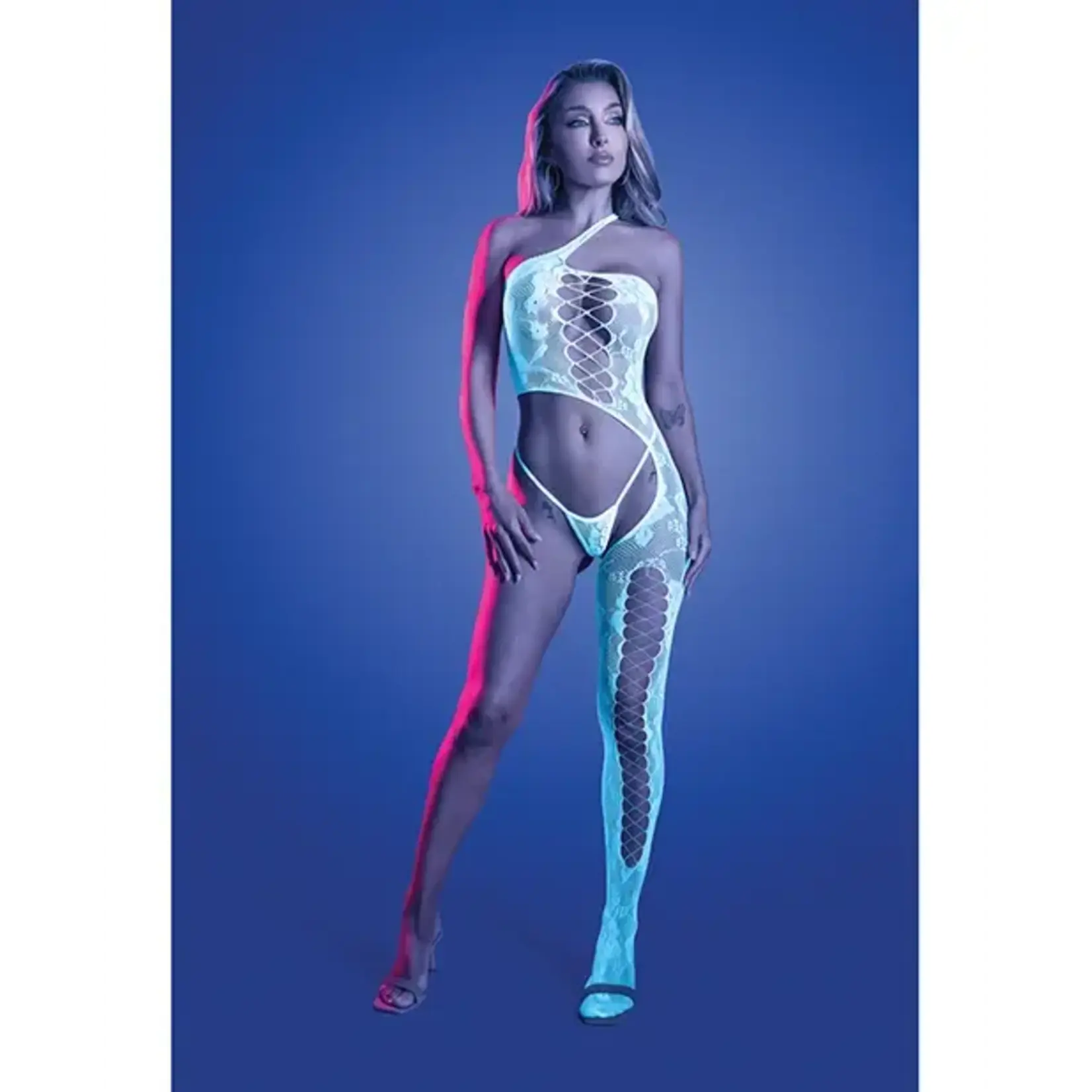 Fantasy Lingerie Lights Get Low Floral Knit Bodystocking & Panty - White O/S