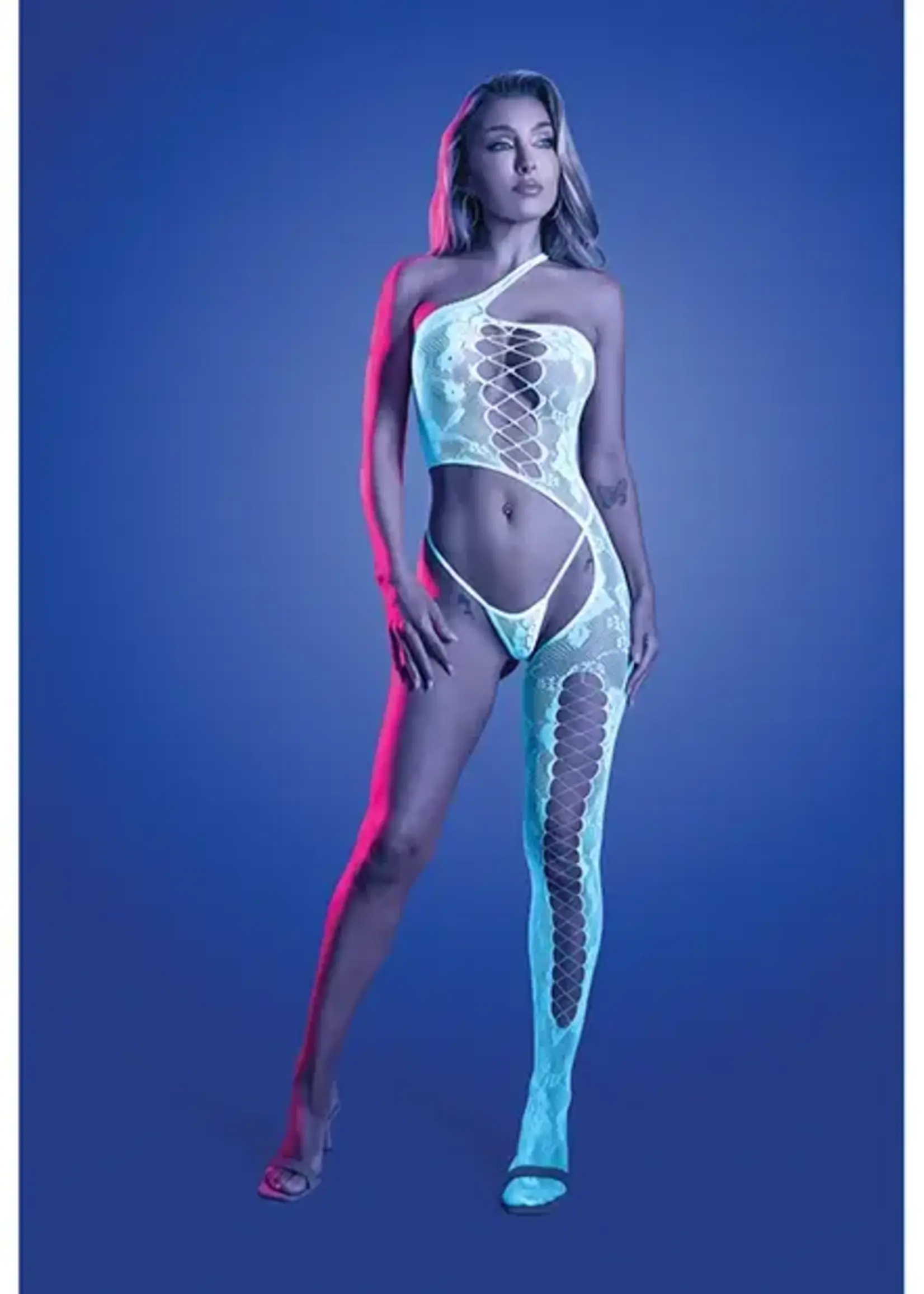 Fantasy Lingerie Lights Get Low Floral Knit Bodystocking & Panty - White O/S