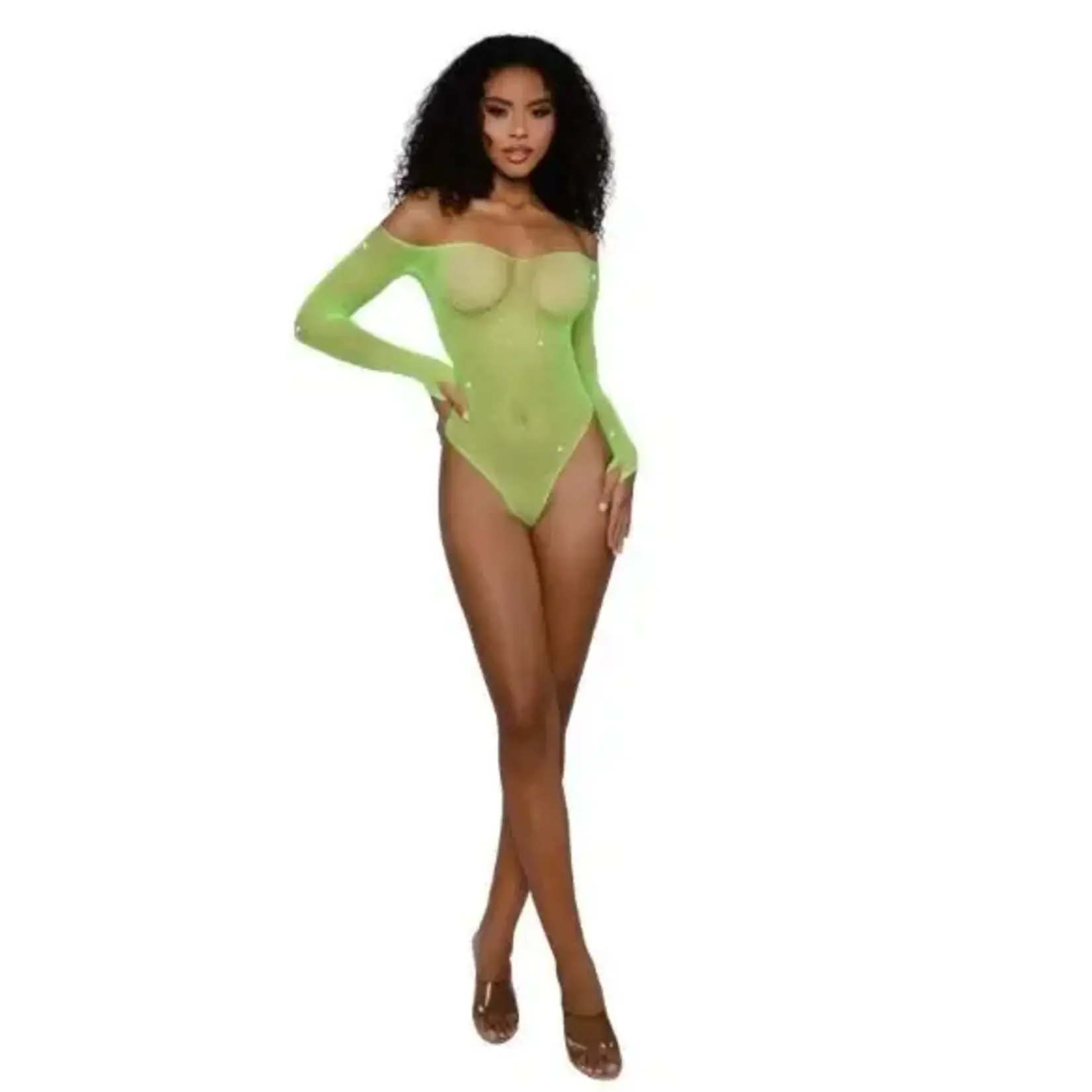 Dreamgirl Rhinestone Off Shoulder Bodystocking - Os - Neon Lime