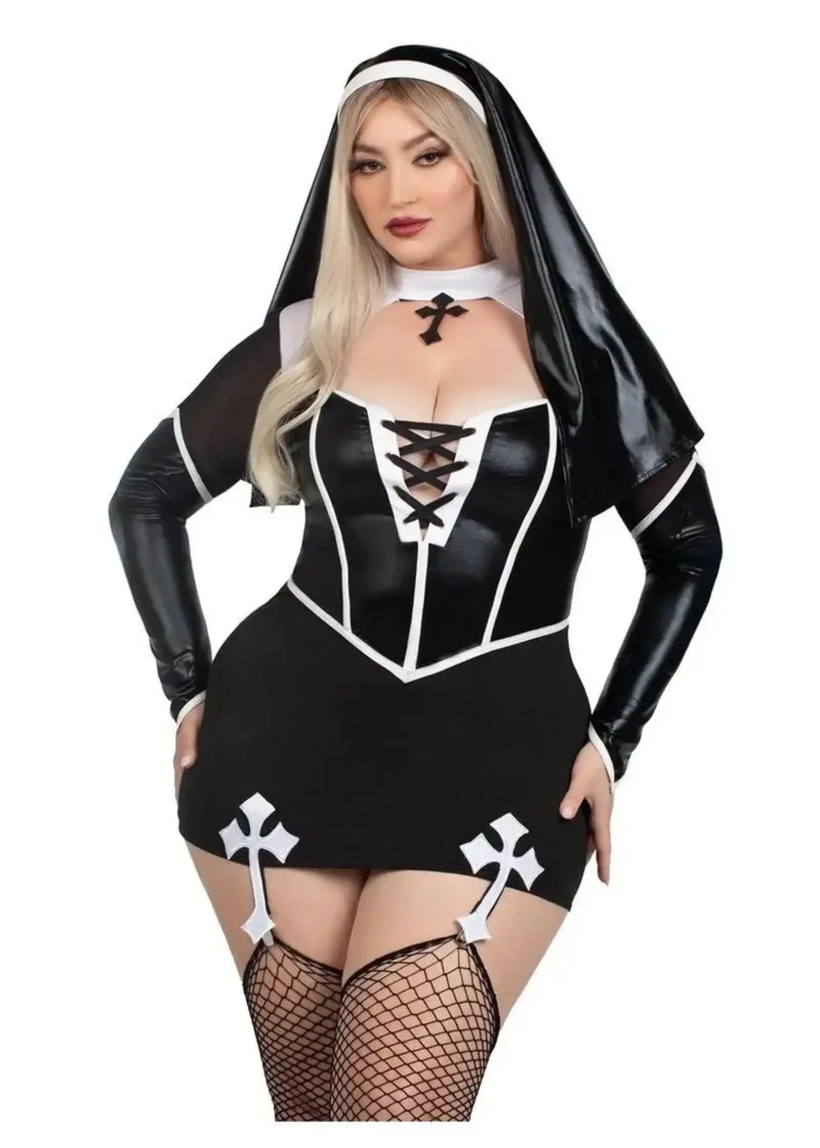 Leg Avenue Leg Avenue Holy Hottie Set Boned Garter Dress with Cross Accents and Nun Habit (2 Piece) - XSmall - Black/White
