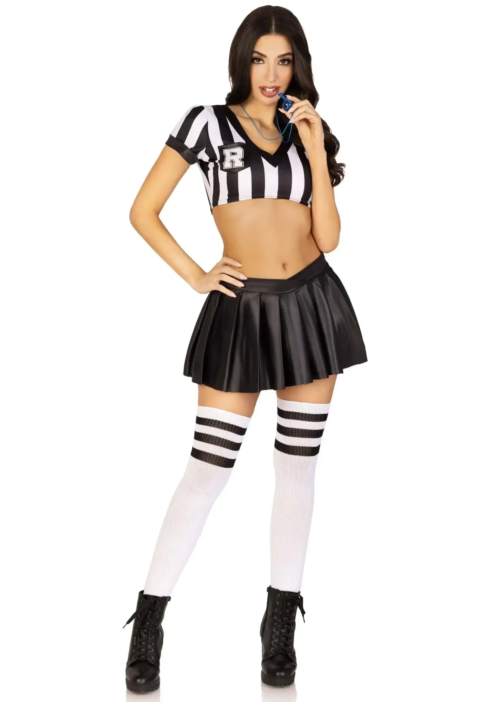 Leg Avenue Leg Avenue Time Out Ref Crop Top, Pleated Skirt, and Whistle (3 Piece) - Extra Small - Black/White