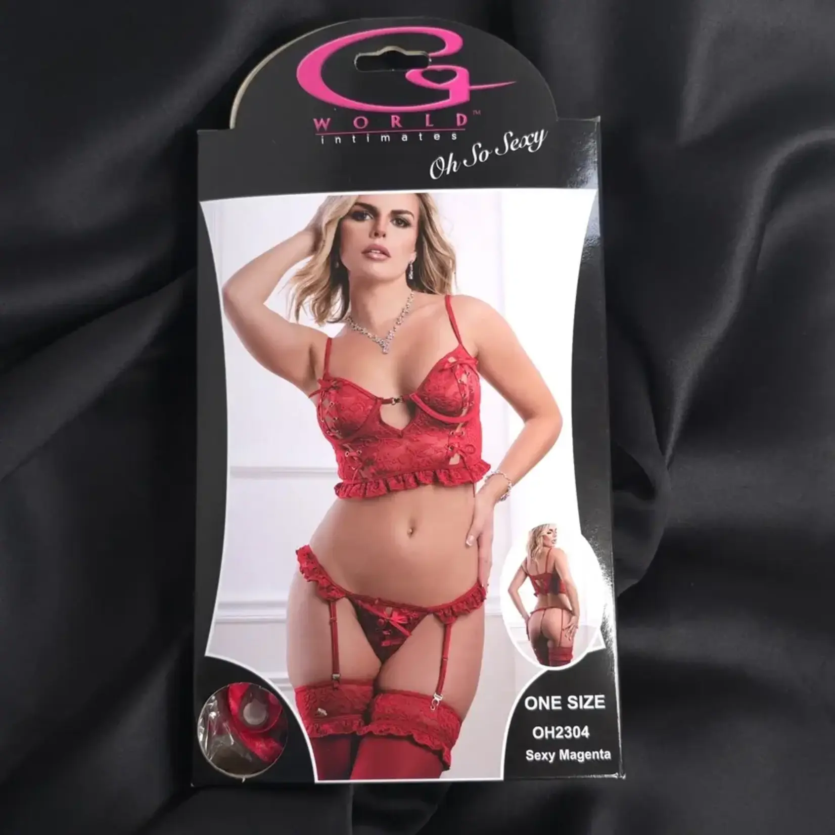 G World 3 Pc Cropped Bustier With Thong and Stocking Set - One Size - Sexy Magenta