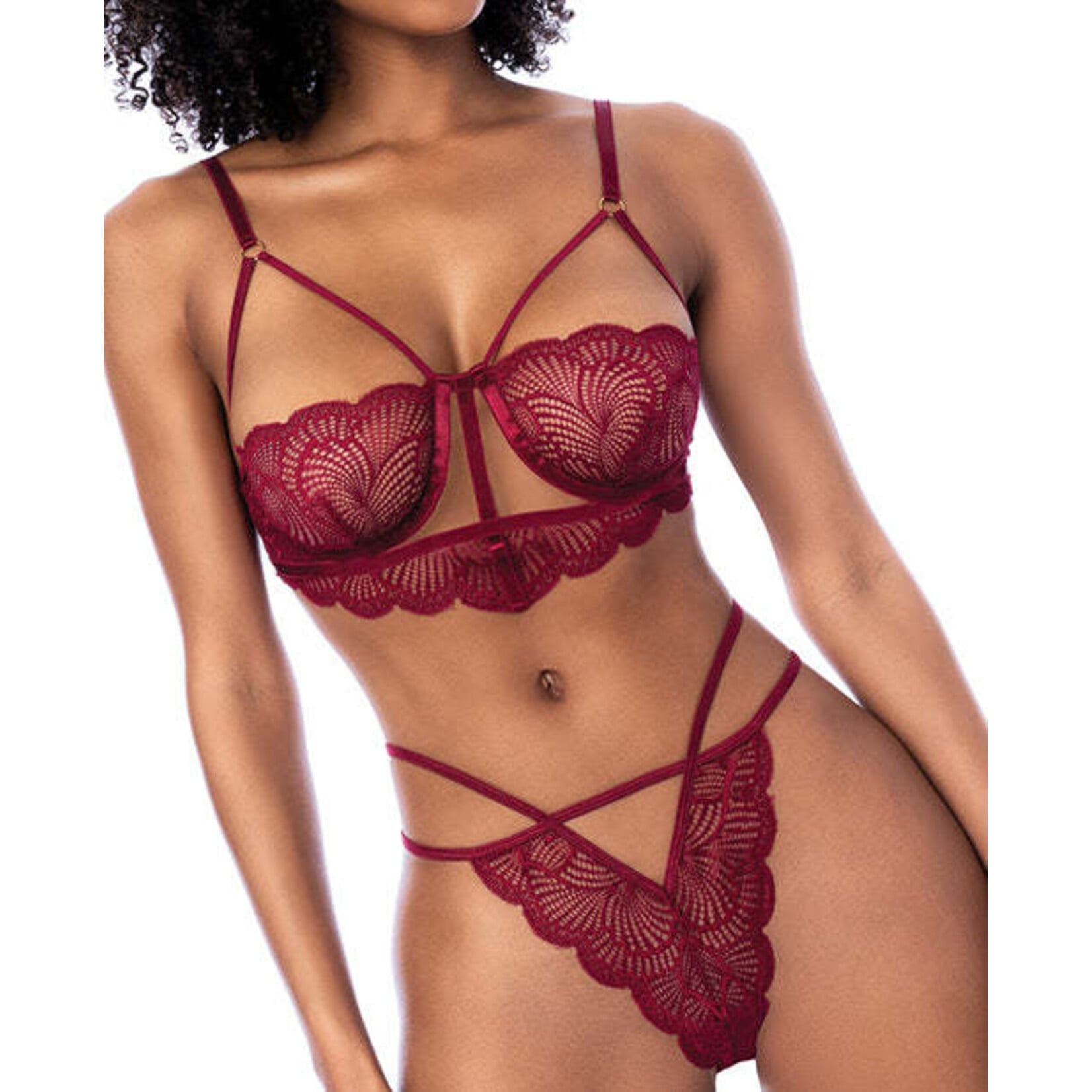Mapale Lace Underwire Top w/Thong 2 pc Set - Rosewood S/M