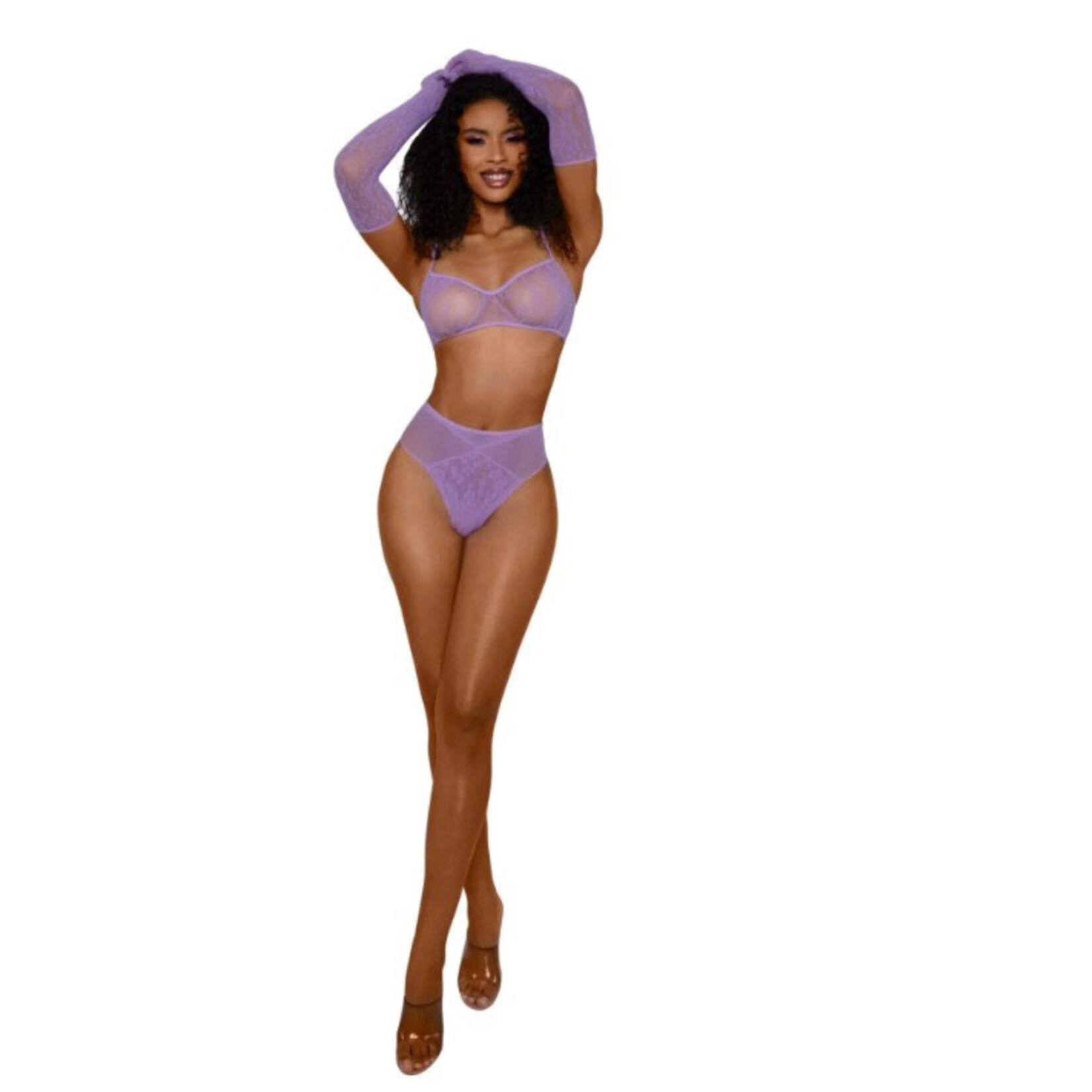 Dreamgirl Lace Bralette Panty and Gloves Set - Os - Lilac