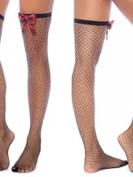 Mapale Diamond Fishnet Thigh Highs with Plaid Bows - Os - Black/plaid