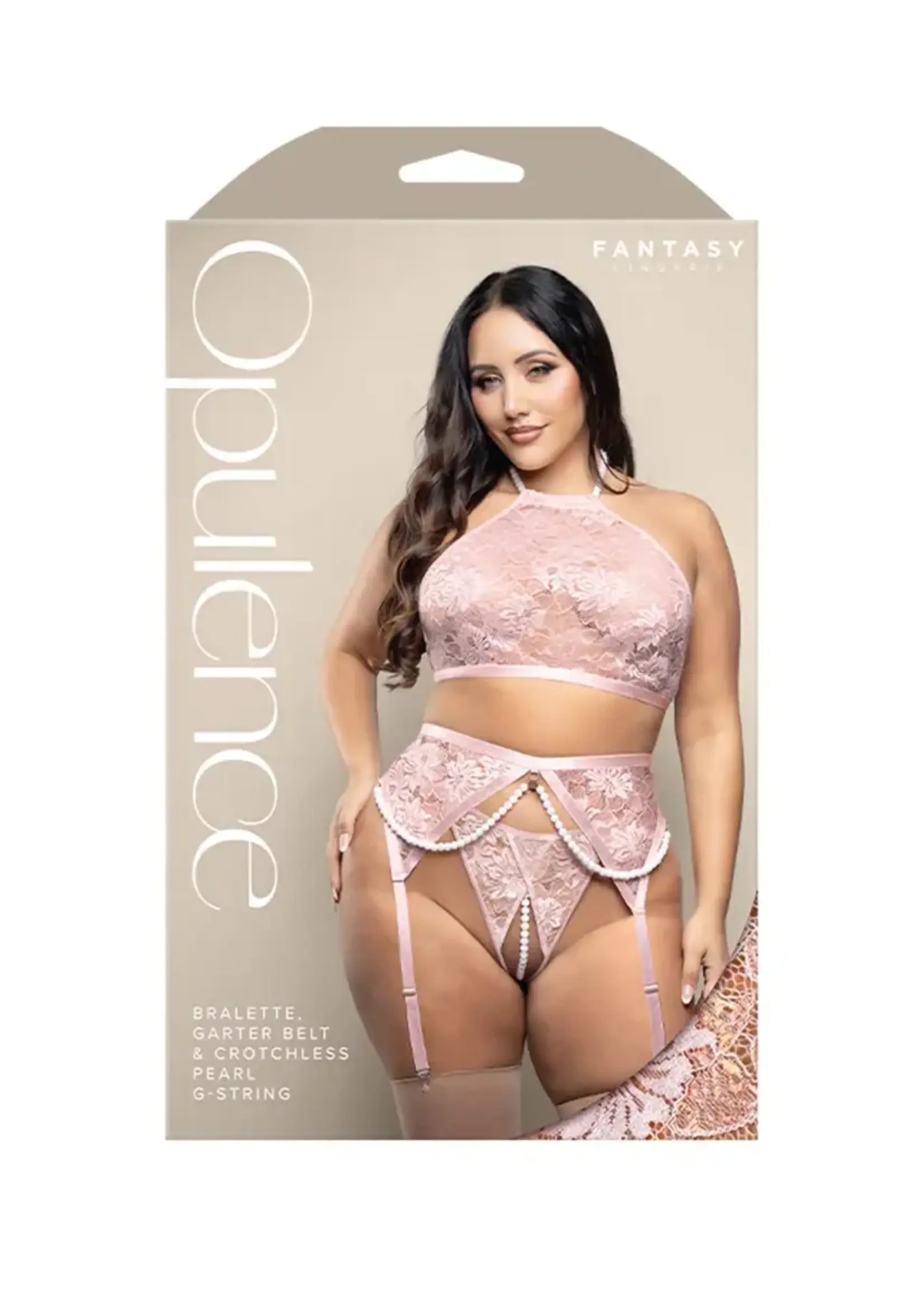 Fantasy Lingerie Bralette, Garter Belt & Crotchless Pearl G-String Queen Size